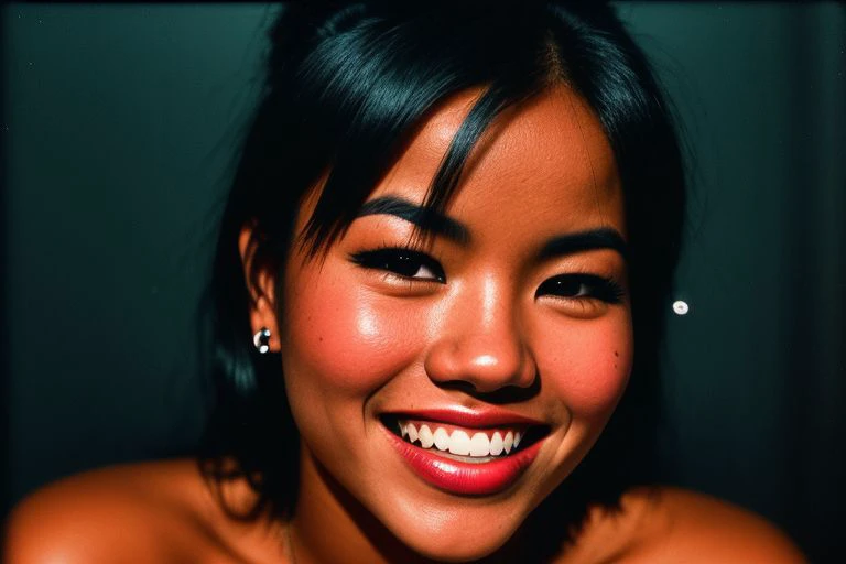 RAW photo, realistic photo of a beautiful woman, sexy pose, (wearing plain tshirt), blurred background, ((full body)), (high detailed skin:1.5), high quality, film grain, Fujifilm XT3, hyper realistic, round eyes and short messy hairsoft natural lighting, portrait photography, 85mm lens, dramatic lighting, photo realism, ultra-detailed, intimate portrait composition, Cinestill 800T, front light, (open mouth), smiling, (((masterpiece))) ((best quality)), ((21st century)), (((8k photography)), ((blushed)), ((pure delicate innocent face)), (smooth detailed face), (((hyper realistic))), ((black hair))) (blunt bangs), (symmetrical legs), symmetrical perfect body, sharp focus, (volumetric lighting), intricate details