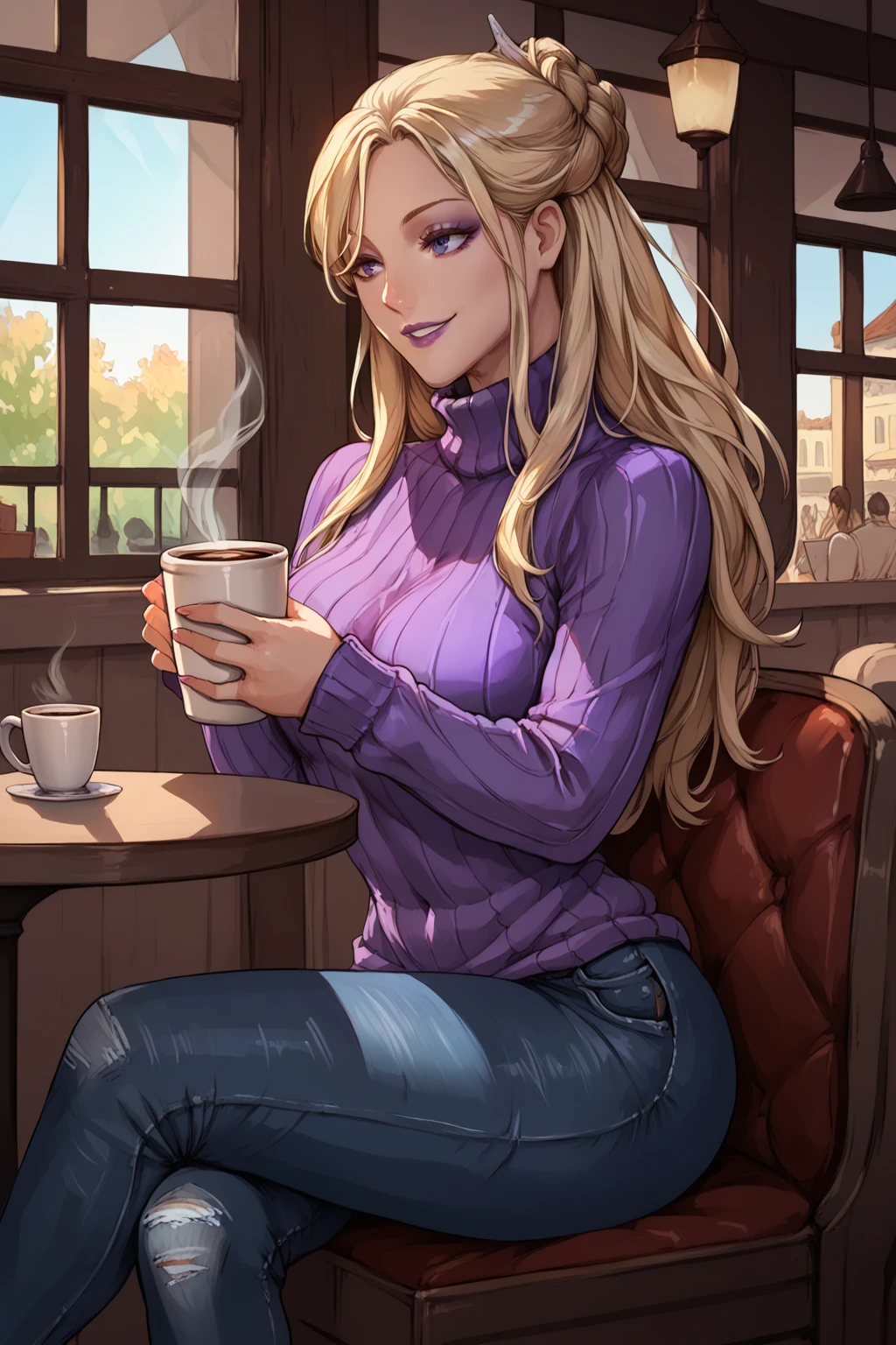 score_9, score_8_up, score_7_up, masterpiece, high quality, extreme detail, absurdres, (detailed skin texture) BREAK. realisitc
<lora:Blue SpiritPonyLora:1>bluspi, long hair, braid, purple sweater, high collar, jeans, sitting in a cafe, holding a mug of coffee, smile
