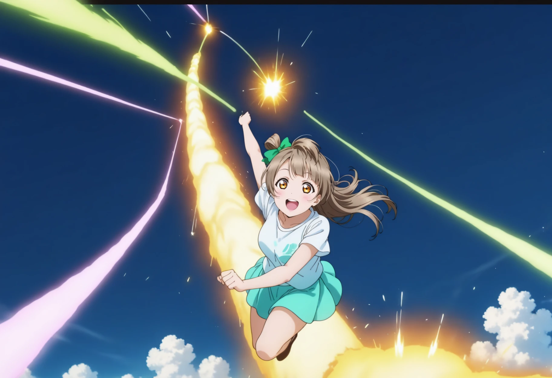<lora:Illustrious_susamix_LoRA:1>,
minami kotori, love live!,
casual wear,skirt,
smile,
floating hair,
<lora:Itanocircus_Illust0.1XL1:1>,Itanocircus,
floating,flying,(Multiple missile:1.2),aerial battle,afterburner,glowing, lens flare, motion blur,above clouds,cloud, sky, day,
laser,(explosion:0.6),
emphasis lines, motion lines,speed lines,
masterpiece,best quality, very aesthetic, absurdres,highres,4k,(ultra-detailed:1.4) (illustration:0.5), (ray tracing,:0.8),(anime colored:0.7),(ai-generated:0.5), (anime screencap:1.2),anime coloring,