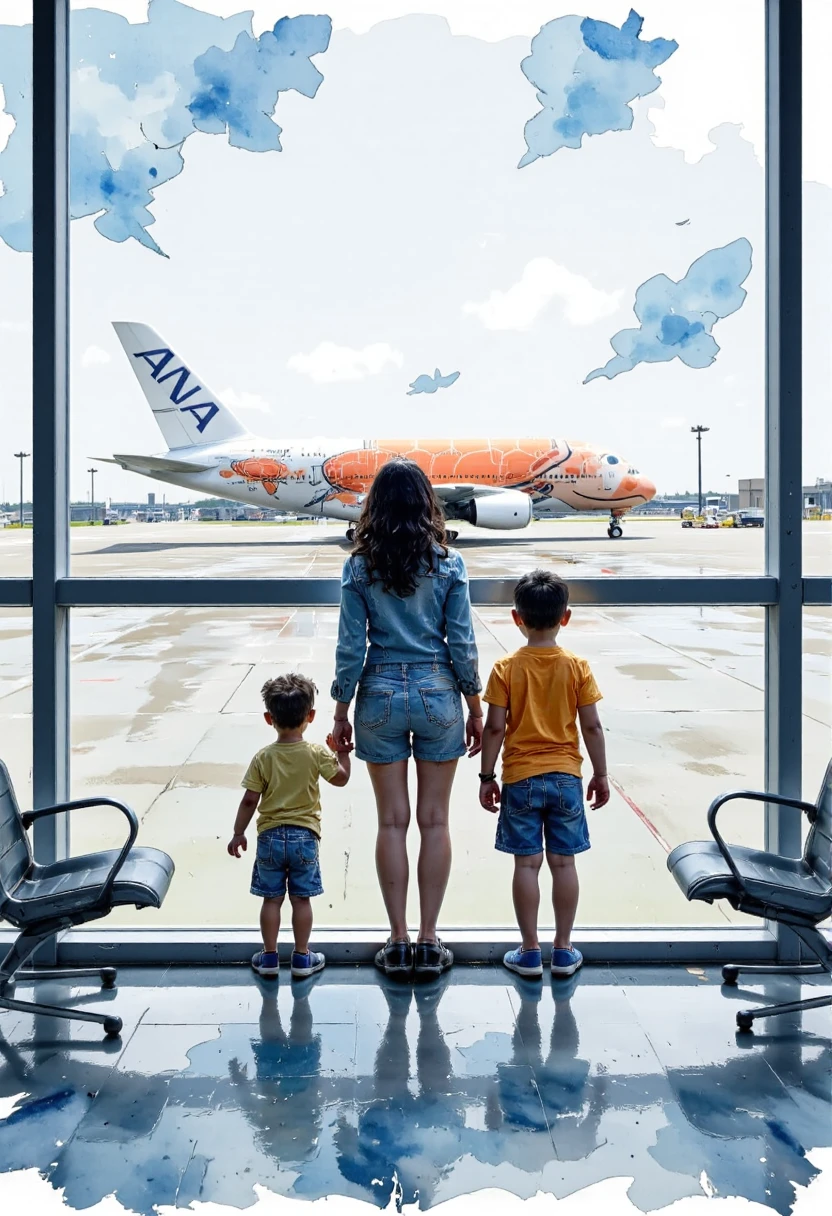 Watercolor,Image of a family with watching planes from a rainy airport waiting room,Airport facilities,<lora:flying_honu:1.2>,flying_honu,a380,unit 2,<lora:aidmaImageUpraderv0.3:0.7> aidmaimageupgrader <lora:schnell_v1.0:1> None <lora:FluxWatercolor:1> Jedwtclr,