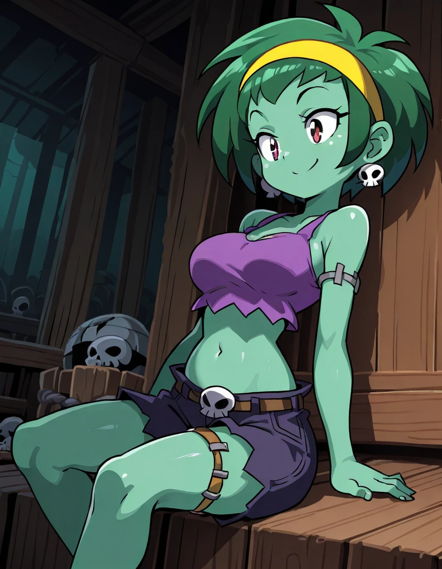 <lora:RottyTopsIllustrious1.0JLFO:1> rottytops, solo, yellow hairband, 1girl, green skin, green hair, short hair, skull earrings, zombie, purple tank top, midriff, shorts, stitches, smile, breasts, red eyes