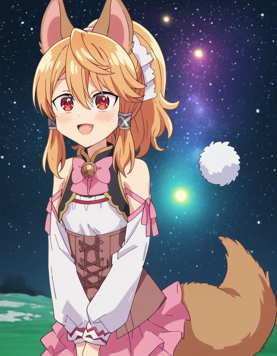 score_9, score_8_up, score_7_up, source_anime, <lora:seireigensouki-latifa-s2-ponyxl-lora-nochekaiser:1>, latifa, bangs, animal ears, hair between eyes, tail, red eyes, ponytail, orange hair, animal ear fluff, fox ears, fox tail, hair tubes, fox girl, anime screencap,, skirt, shirt, long sleeves, bow, bare shoulders, pantyhose, detached sleeves, pink skirt, white pantyhose, snow day, winter clothes, snowball fight, laughter, cold breath, white landscape, smile, <lora:space-cat-ponyxl-lora-nochekaiser:1> space cat, space cat (meme), galaxy, meme, space, galaxy background, universe, nebula, star (sky), blank stare, looking up, open mouth, blush, cowboy shot, looking at viewer, solo,, cowboy shot