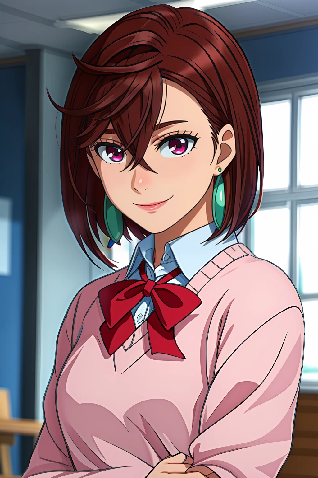 masterpiece,8k high quality detailed,highres,rim light,(upper body:1.2),
<lora:Momo Ayase v2:0.7>,momo ayase,1girl,brown hair,short hair,hair between eyes,red eyes,earrings,medium breasts,collared shirt,pink sweater,long sleeves,red bowtie,blue miniskirt,miniskirt,loose socks,white socks,loafers,detailed face,smile,
<lora:GoodHands-vanilla:1>,<lora:more_details:0.45>,realistic cloth texture,