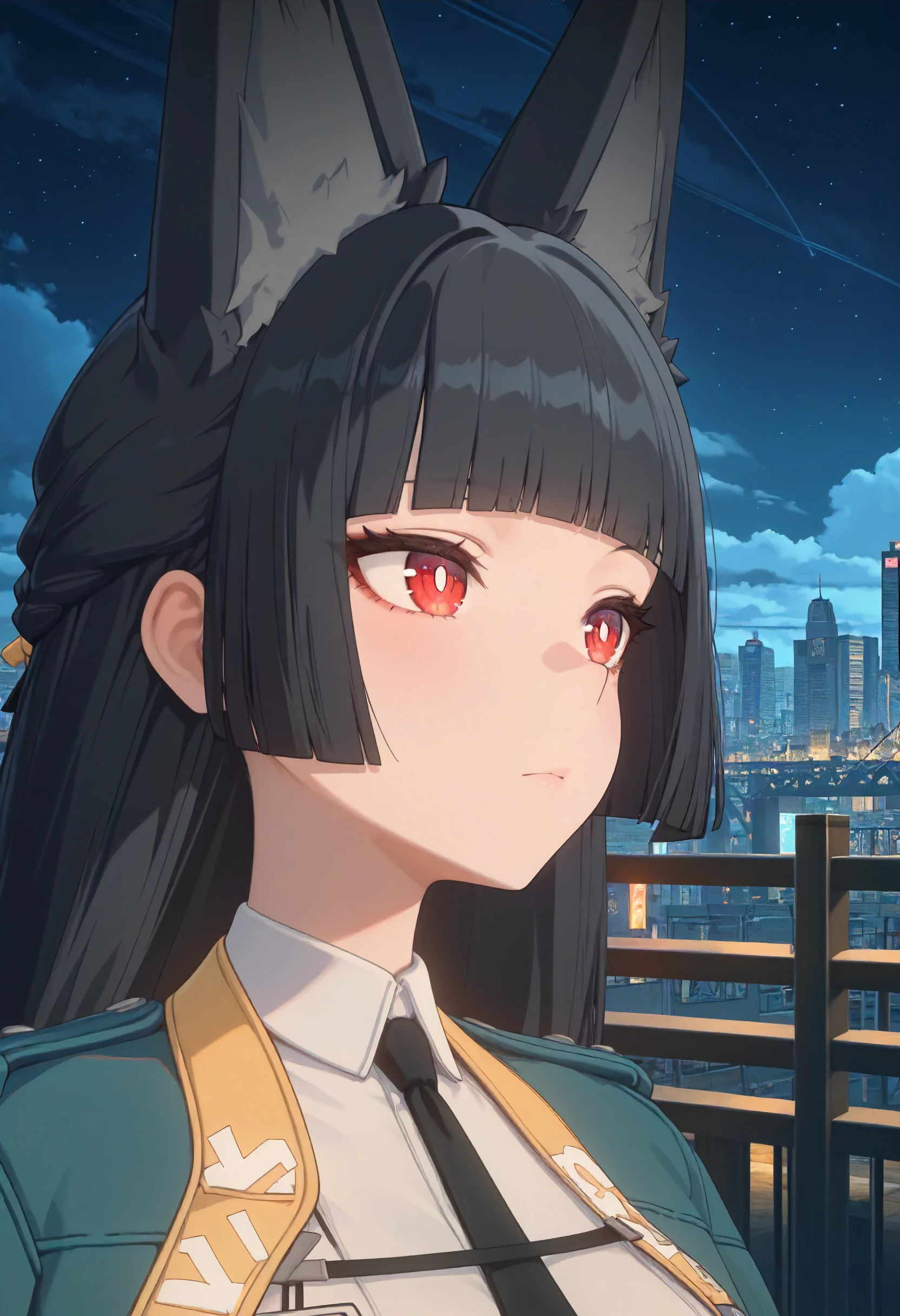masterpiece, best quality, amazing quality, very aesthetic, absurdres, newest, scenery, volumetric lighting, perfect eyes, ultra detailed,
1girl, Hoshimi Miyabi, solo, black fox ears, black hair, blunt bangs, long hair, red eyes, white pupils, beautiful colors, colors, colors, colors,
green cape jacket, white shirt, black tie,
looking away, beautiful face, face closeup, closeup, portrait,
city, night sky, beautiful frame, backlighting,
<lora:Hoshimi_Miyabi_-_Zenless_Zone_Zero_ZZZ__Illustrious:1>
masterpiece, best quality, amazing quality, very aesthetic, absurdres, newest, scenery, volumetric lighting, perfect eyes, ultra detailed,