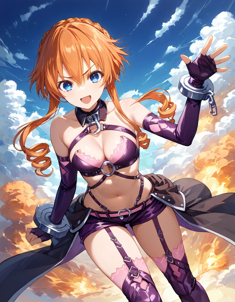 1girl, high school student, superhero sorceress witch, sky witch, lightning mage, city backdop, leotard, blue leotard with white accent, bare legs, blue thigh-highs, red high heels, witch hat, red hair, long hair, blue eyes, beautiful detailed eyes, beautiful detailed face, cute face, medium breasts, -18, solo, solo focus, wonder