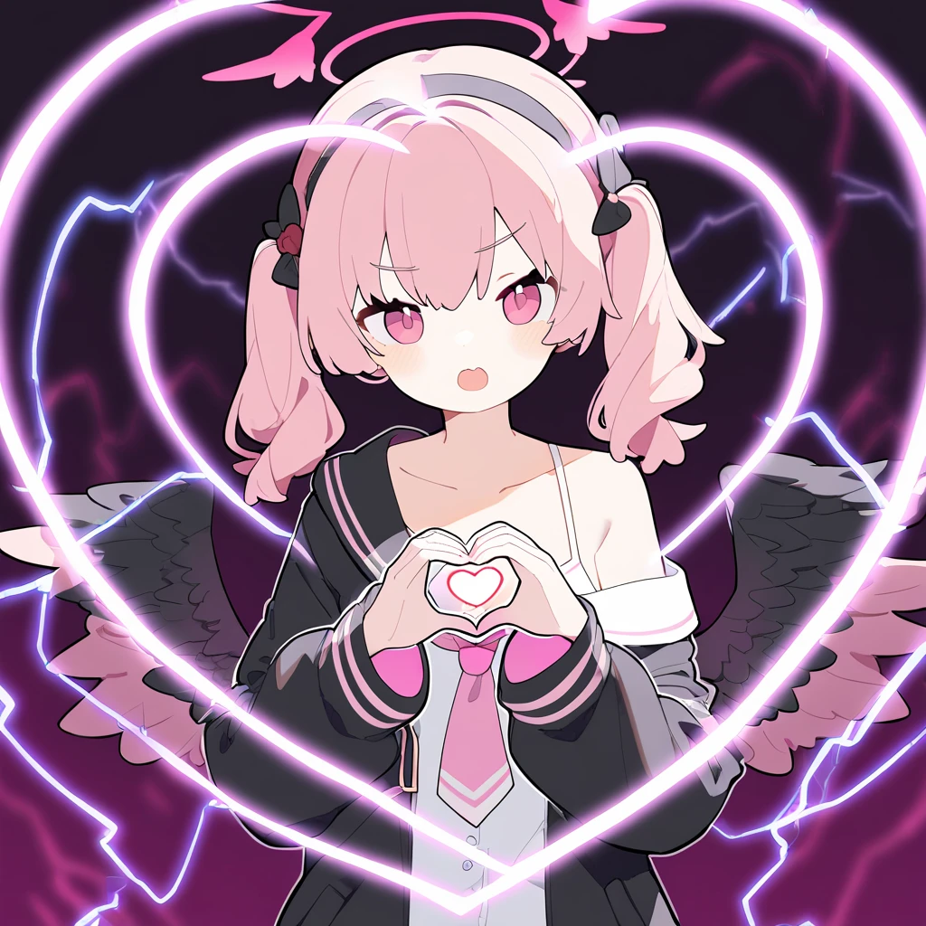 1girl, angel, aura, collarbone, electricity, energy, eyebrows visible through hair, glowing, halo, heart, heart hands, lightning, magic, magic circle, neon lights, off shoulder, open mouth, pink hair, solo, virtual youtuber,masterpiece, best quality, very aesthetic, absurdres,,simple background, solo, virtual youtuber, looking at viewer,upper body,(pekeko \(pepekekeko\):0.4),   <lora:pekeko-v1:0.8>