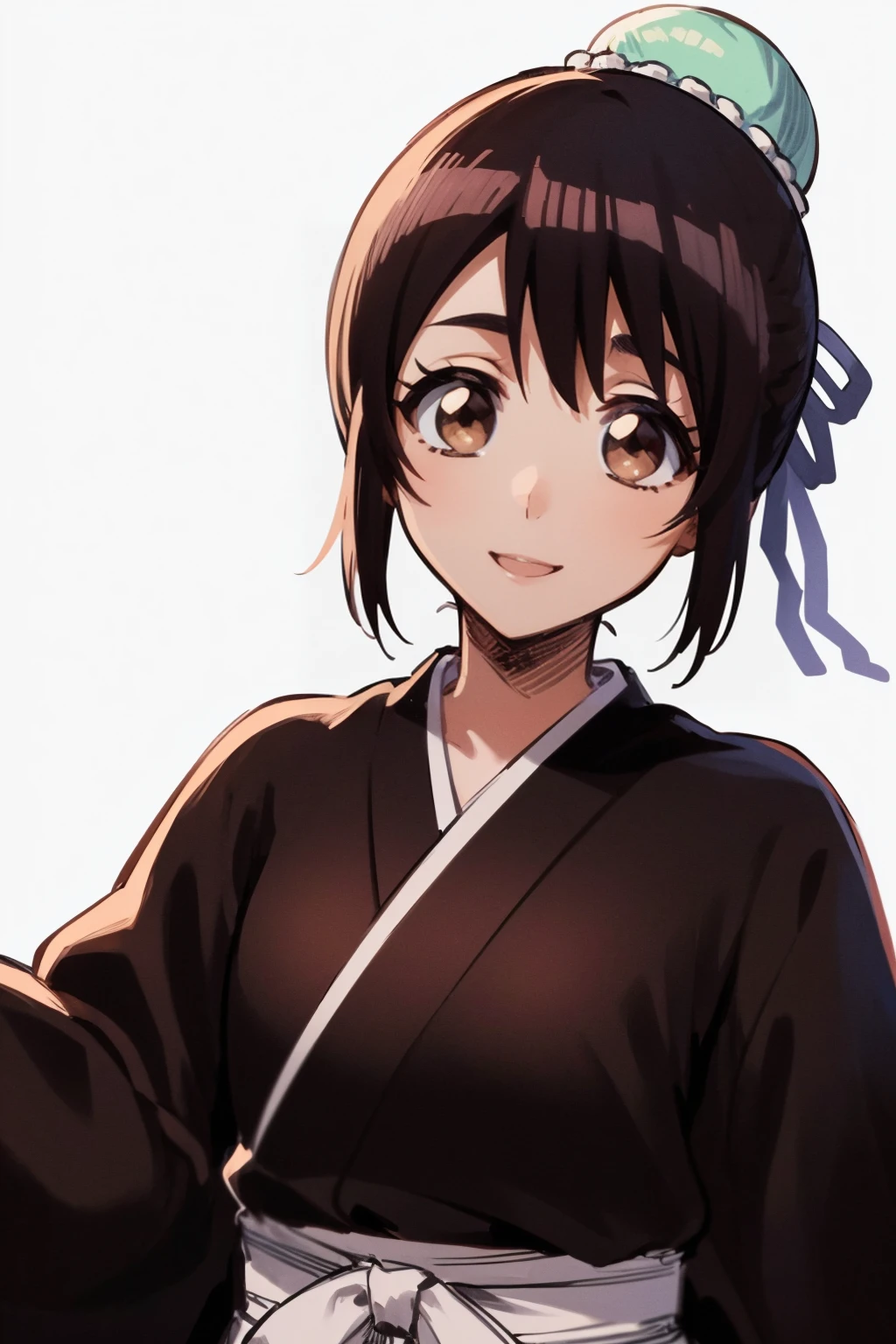 masterpiece, best quality,
1girl, momohinamori, black hair, single hair bun, bun cover, brown eyes,
hair bun,
japanese clothes, black kimono,
smile, solo, looking at viewer, simple background, white background <lora:MomoHinamori_byKonan:1>