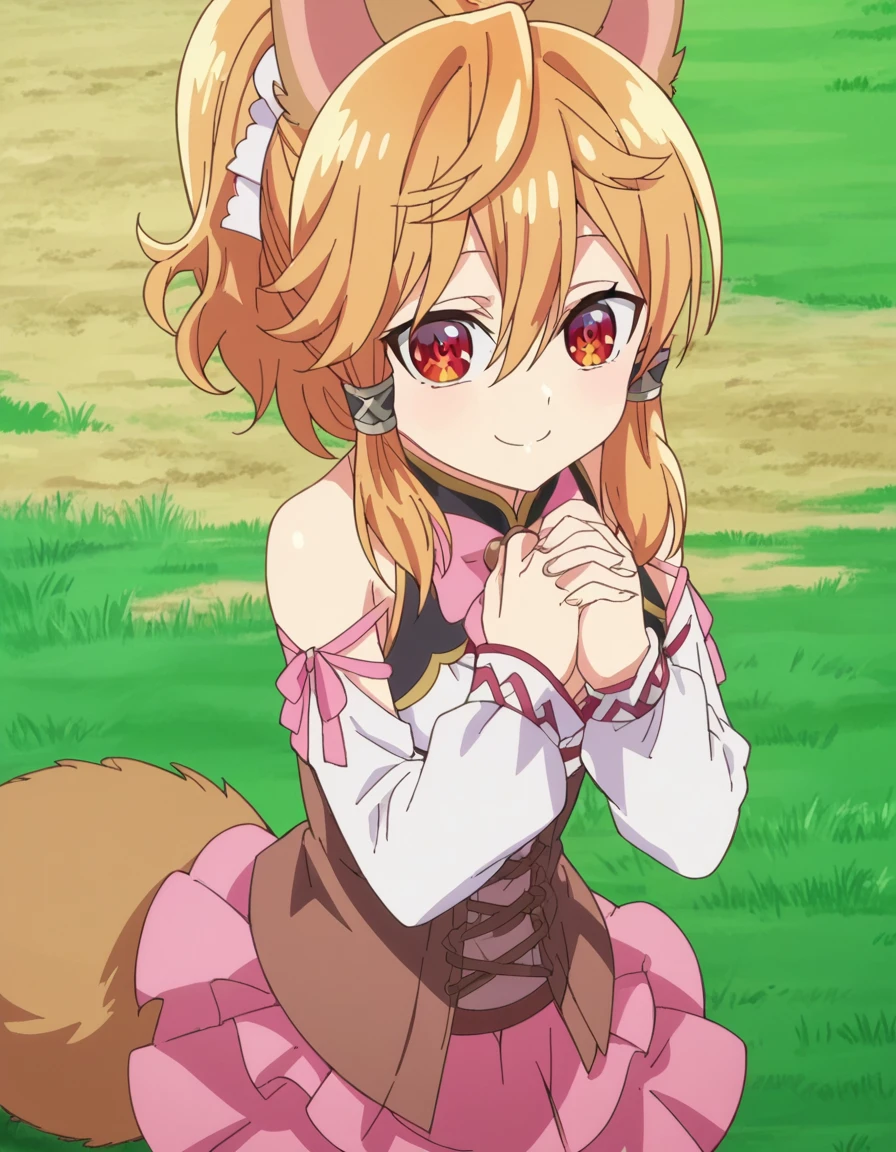 score_9, score_8_up, score_7_up, source_anime, <lora:seireigensouki-latifa-s2-ponyxl-lora-nochekaiser:1>, latifa, bangs, animal ears, hair between eyes, tail, red eyes, ponytail, orange hair, animal ear fluff, fox ears, fox tail, hair tubes, fox girl, anime screencap,, skirt, shirt, long sleeves, bow, bare shoulders, pantyhose, detached sleeves, pink skirt, white pantyhose, field, grass, open space, farming, crops, smile, hands on own chest,, looking at viewer, solo,, cowboy shot