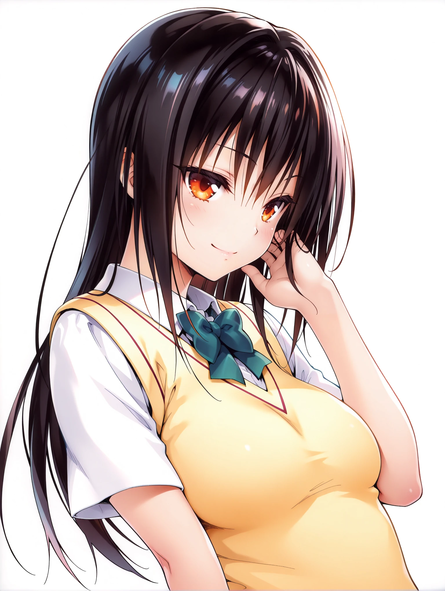 masterpiece,best quality,amazing quality,solo,1girl,
<lora:k_yui_ilxl_v1.1>,yui,black hair,orange eyes,y_clothes,short sleeve blouse,school uniform,sweater vest,
<lora:Fixhands_anime_bdsqlsz_V1:1>,dynamic_angle,cinematic_angle,seductive_smile,white background,simple_background,hand_in_hair,upper_body,