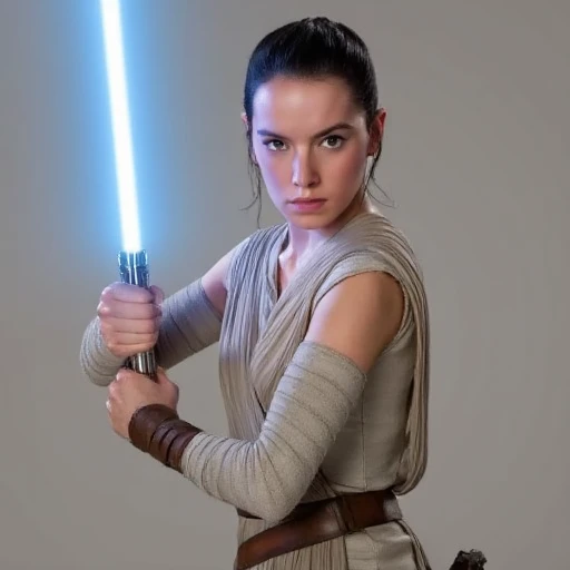 specifically Rey, layered outfit reminiscent of a warrior from a sci-fi universe. Her attire includes a sleeveless, breathable material, a character played by Daisy Ridley. She is dressed in her iconic costume from the film, holds a glowing blue lightsaber, focused expression., a young woman with a fair complexion and dark hair pulled back into a tight bun