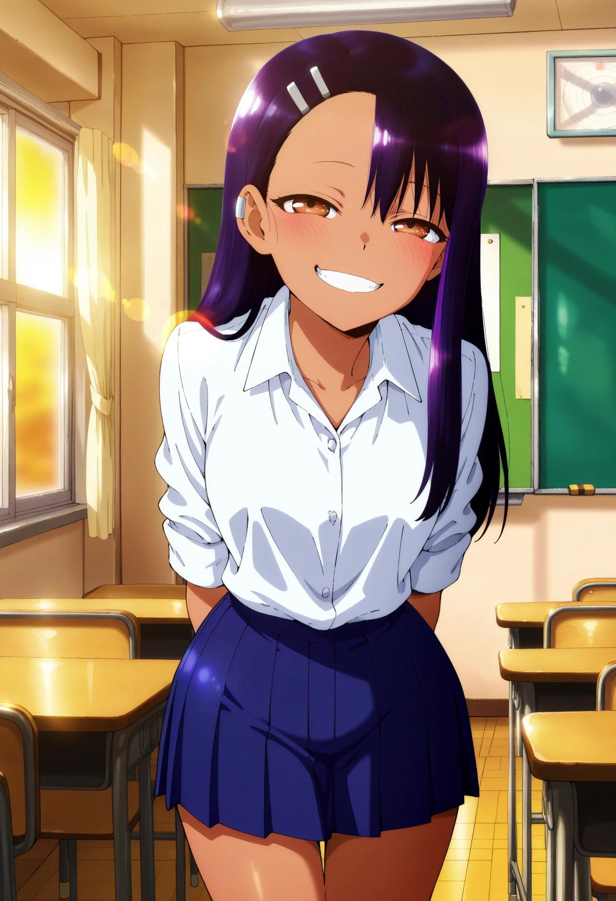 anime screencap, masterpiece, best quality,
<lora:IjiranaideNagatoro_Nagatoro_IlluXL:0.9>, NagatoroStyle,
1girl, solo, open mouth, grin, teeth, light blush,
dark skin, long hair, multicolored hair, black hair, purple hair, asymmetrical bangs, half-closed eyes, brown eyes, hairclip, earclip,
NagatoroSchool, dress shirt, white shirt, pleated skirt, blue skirt, sleeves rolled up,
standing, looking at viewer, thigh gap, arms behind back, cowboy shot,
indoors, classroom, lens flare, evening