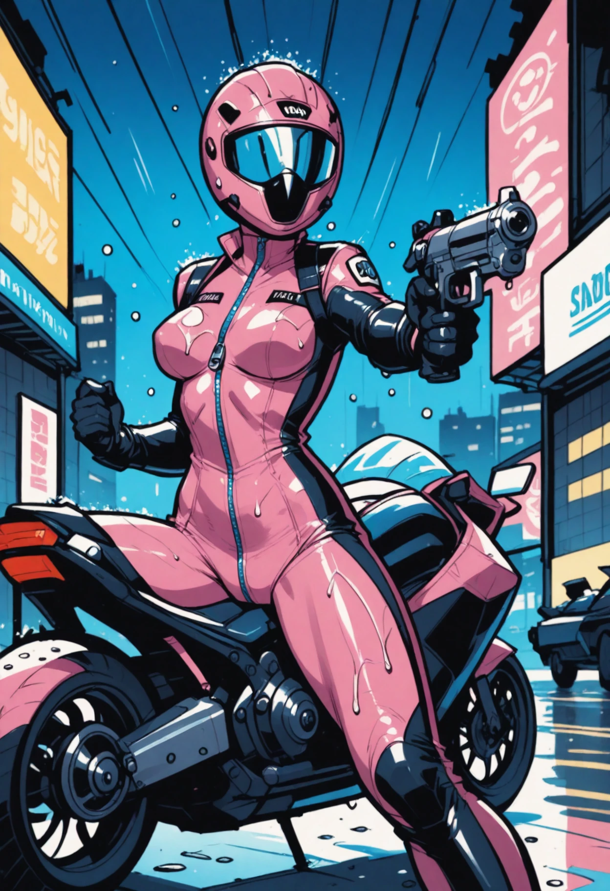 1girl, rain, motorcycle helmet, weapon, gun, helmet, solo, motorcycle, biker clothes, handgun, bodysuit, aiming, motor vehicle, bikesuit, holding gun, aiming at viewer, holding weapon, zipper, breasts, holding, night, medium breasts, on motorcycle, skin tight, pink bodysuit, wet, black gloves, gloves, outdoors, blurry, riding, finger on trigger, full-length zipper, building, depth of field, wet clothes, outstretched arm, city, blurry background, neon lights, covered face, sky, long sleeves, facing viewer, zipper pull ta 
 <lora:commixv3-i:1> commix