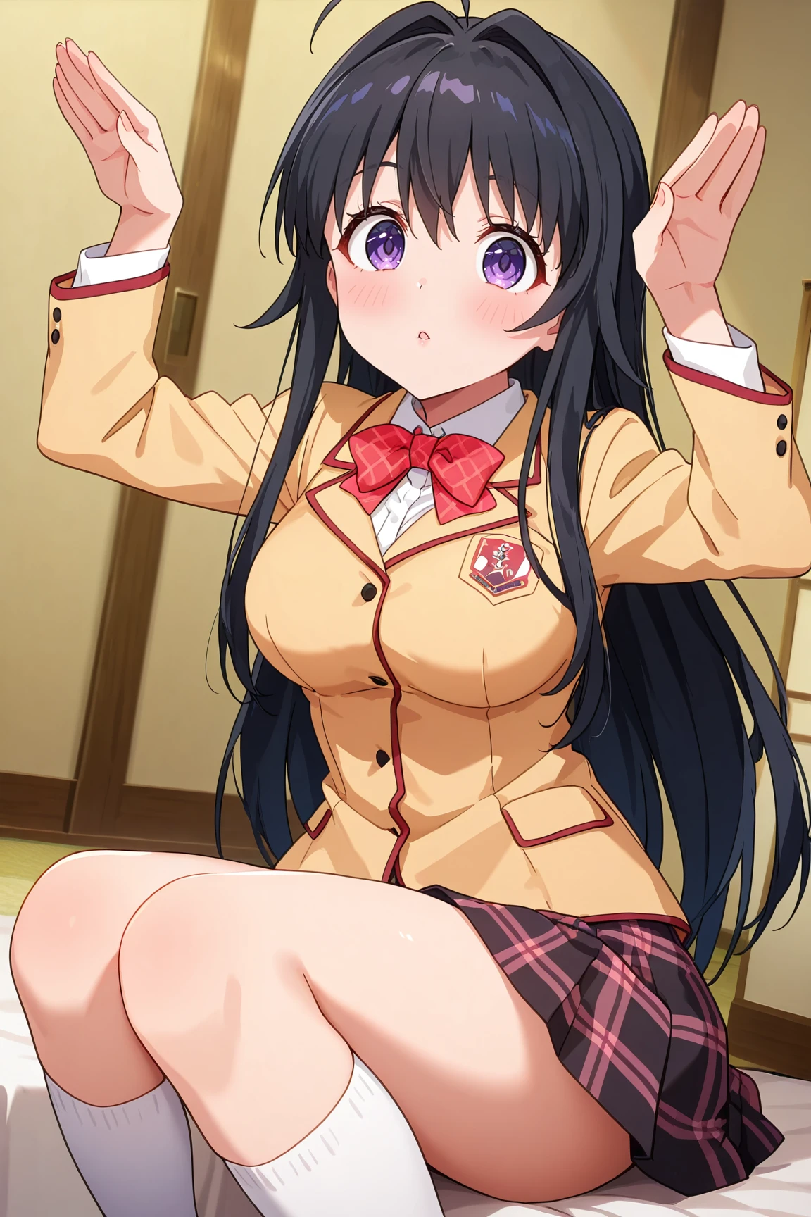 masterpiece, best quality, absurdres, highres, source anime, very aesthetic, BREAK, anime coloring, anime screencap, 
<lora:minamoto_chizuru_v1-illustrious:1>,1girl, minamoto chizuru, kanokon, purple eyes, black hair, long hair, large breasts,
school uniform, long sleeves, bow, plaid skirt, kneehighs,
BREAK, looking at viewer,  
BREAK,  bunny pose, parted lips