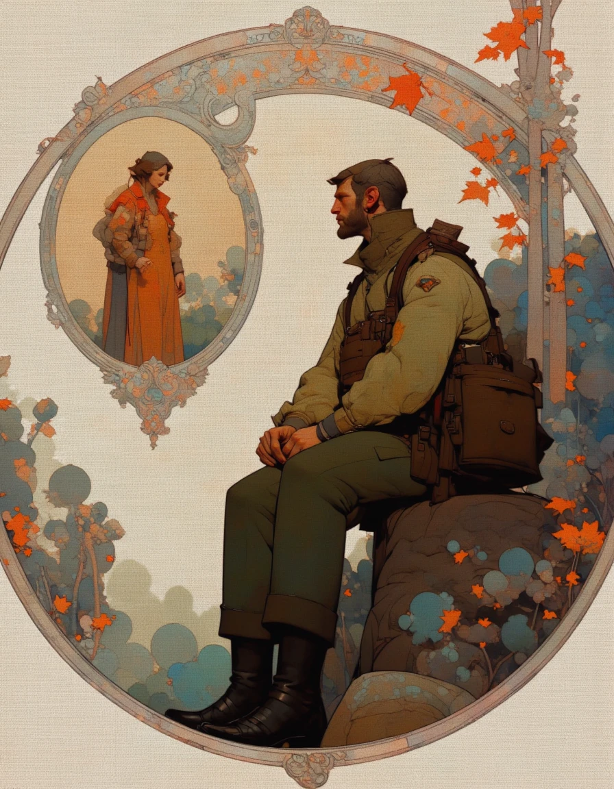 Steve McDonald Art. This image is a digitally rendered illustration in a stylized, semi-realistic art style, reminiscent of Art Nouveau. It features a lone figure, a man, seated on a rock in a serene, forested landscape. The man is dressed in a military-style uniform consisting of a green jacket, trousers, and boots, along with a cap and a backpack. He has a rugged, weathered appearance, with a short beard and a determined expression.
The man is positioned in the center of the image, sitting with his legs crossed and his hands resting on his knees. His gaze is directed toward the left, where a distant figure is visible through a circular, abstracted frame. This second figure, partially obscured by the frame, appears to be a woman standing on a pedestal or platform, wearing a flowing, long dress in muted earth tones.
The background is a blend of soft, pastel colors with hints of autumnal tones, suggesting a serene, autumnal forest setting. The circular frame around the man and the distant figure is adorned with intricate, abstract patterns and organic shapes, adding a sense of depth and mystery to the scene. The overall mood is contemplative and introspective, with a hint of melancholy. <lora:Steve_McDonald:1.25>