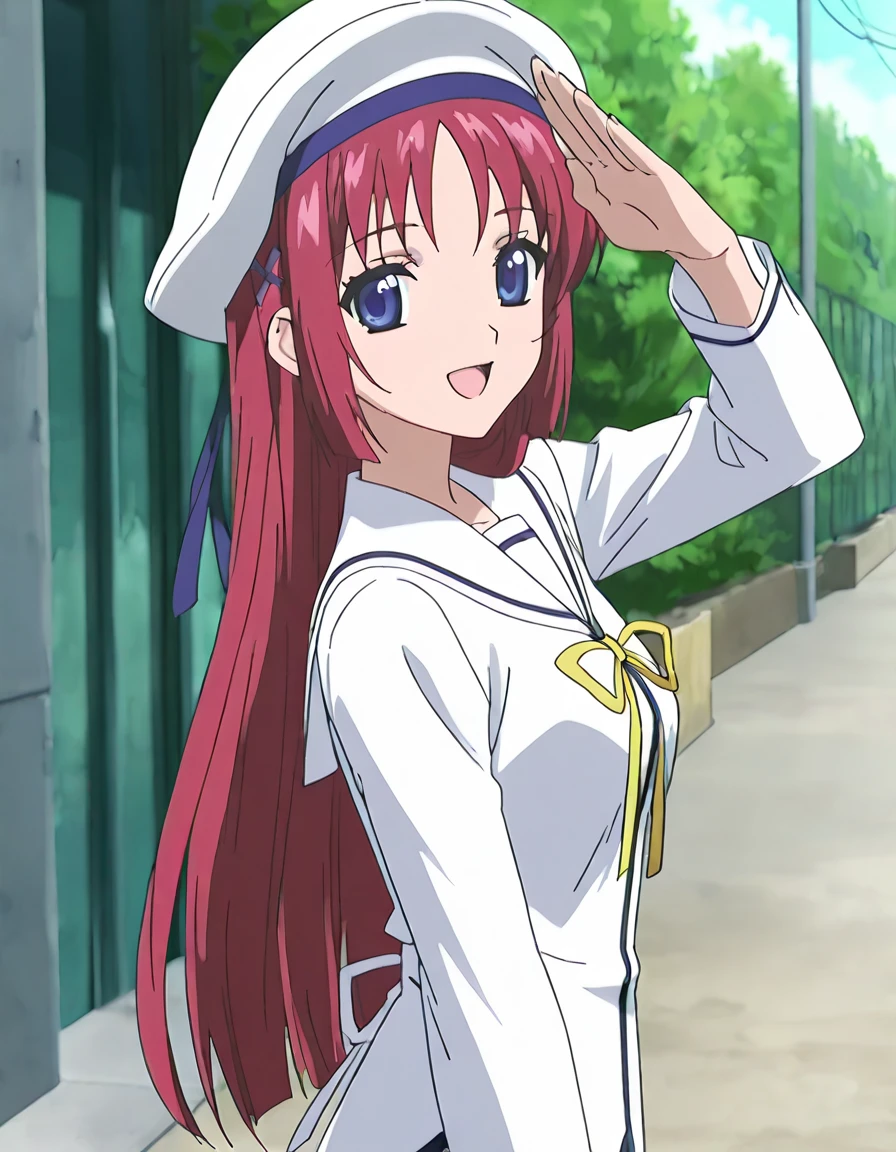 masterpiece,best quality, good quality,anime screenshot, 
,1girl,outdoor
smile,open mouth,looking at viewer, 
school uniform, 
standing,salute
<lora:ill-dc-kotori:1>dckotori,long hair, blue eyes, red hair, hair ornament, hat