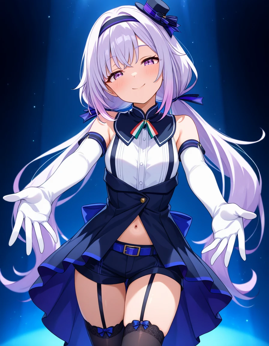 masterpiece, best quality, very aesthetic, absurdres, pino2nd, 1girl, light purple eyes, light purple hair, low twintails,  hairband, mini hat, multicolored neck ribbon, sleeveless, white elbow gloves,  short shorts, black thighhighs, garter straps,  (black walls, dark blue theme, dim blue lighting:1.2), half closed eyes, head tilt, (light particles:1.5), smile, standing, reaching towards viewer, knee up,  looking at viewer, <lora:ILcarropino:0.7>