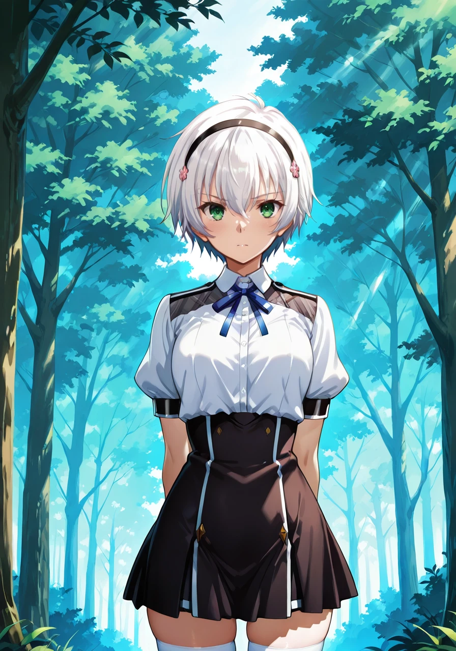 amazing quality,very aesthetic,illustration,absurdres,best quality,newest,masterpiece,4k resolution,
day,forest,
Shizuku_Kurogane,1girl,short hair,solo,hair between eyes,white hair,green eyes,
school uniform Hagun,hair ornament,thighhighs,skirt,ribbon,neck ribbon,white thighhighs,hairband,white shirt,shirt,miniskirt,blue ribbon,
cinematic_angle,upper_body,looking_at_viewer,
<lora:Characters_Rakudai_Kishi_no_Eiyuutan:1>,