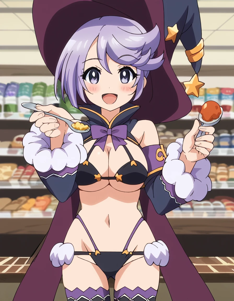 score_9, score_8_up, score_7_up, source_anime, <lora:bikiniwarrior-mage-s1-ponyxl-lora-nochekaiser:1>, mage, short hair, large breasts, purple eyes, purple hair, anime screencap,, thighhighs, hat, bow, cleavage, swimsuit, bikini, detached sleeves, black thighhighs, star (symbol), witch hat, purple bow, music store, browsing records, headphones, vinyl collection, nostalgic, smile, <lora:incoming-spoon-ponyxl-lora-nochekaiser:1> incoming food, spoon, holding, holding spoon, food, looking at viewer, open mouth, blush, smile, restaurant, plate, hand up,, looking at viewer, solo,, cowboy shot