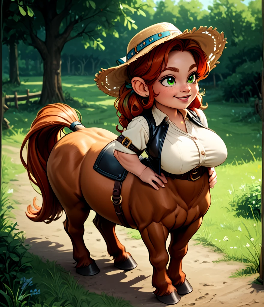 A mythical Humanoid creature called a firbolg. Unnatural red hair. Unnaturally thick eye brows.Snout like nose, large cow like ears. A long cow like tail. Feet like a pigs. Weareing handmade clothes.