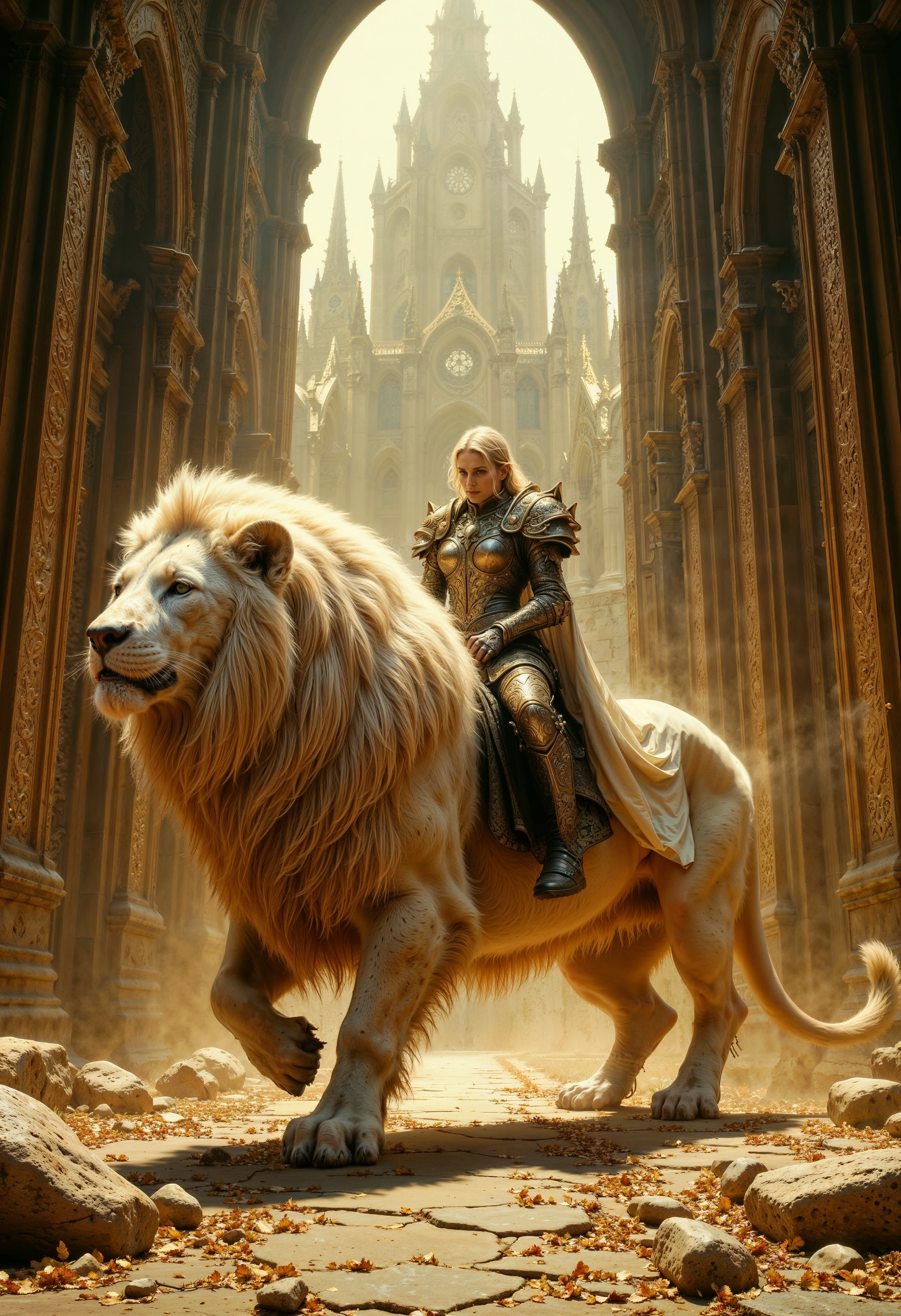 R3alisticF, a highly detailed digital fantasy artwork depicting a blonde, armored female warrior with a stern expression riding a majestic, white, fluffy lion. The warrior wears intricate, metallic armor with gold accents and a flowing white cape. She is positioned to the right, with the lion's head to the left. The background showcases a grand, Gothic cathedral with intricate architecture, tall spires, and a large dome, all bathed in a mystical, golden light. The image conveys a sense of power, nobility, and ancient mythology.
<lora:FluxMythR3alisticF:1>