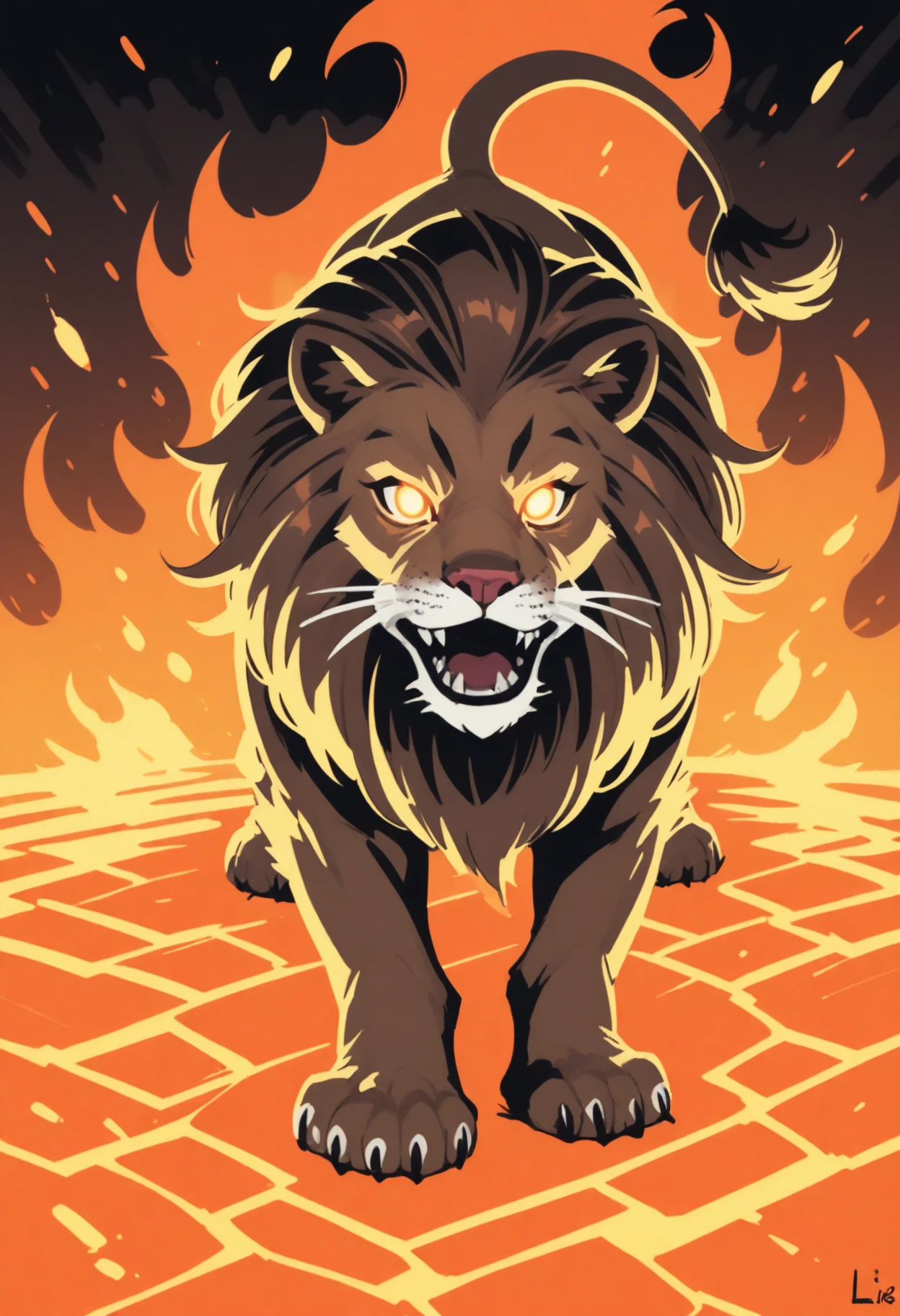 lion, lion tail, no humans, fangs, lion ears, glowing eyes, open mouth, yellow eyes, embers, looking at viewer, glowing, solo, animal, animal focus, lion boy, claws, teeth, lava, tail, lion girl, brown fur, pokemon (creature), full body, fire, all fours, sharp teeth, orange theme, orange eye 
 <lora:vmix2-i:1> vmix