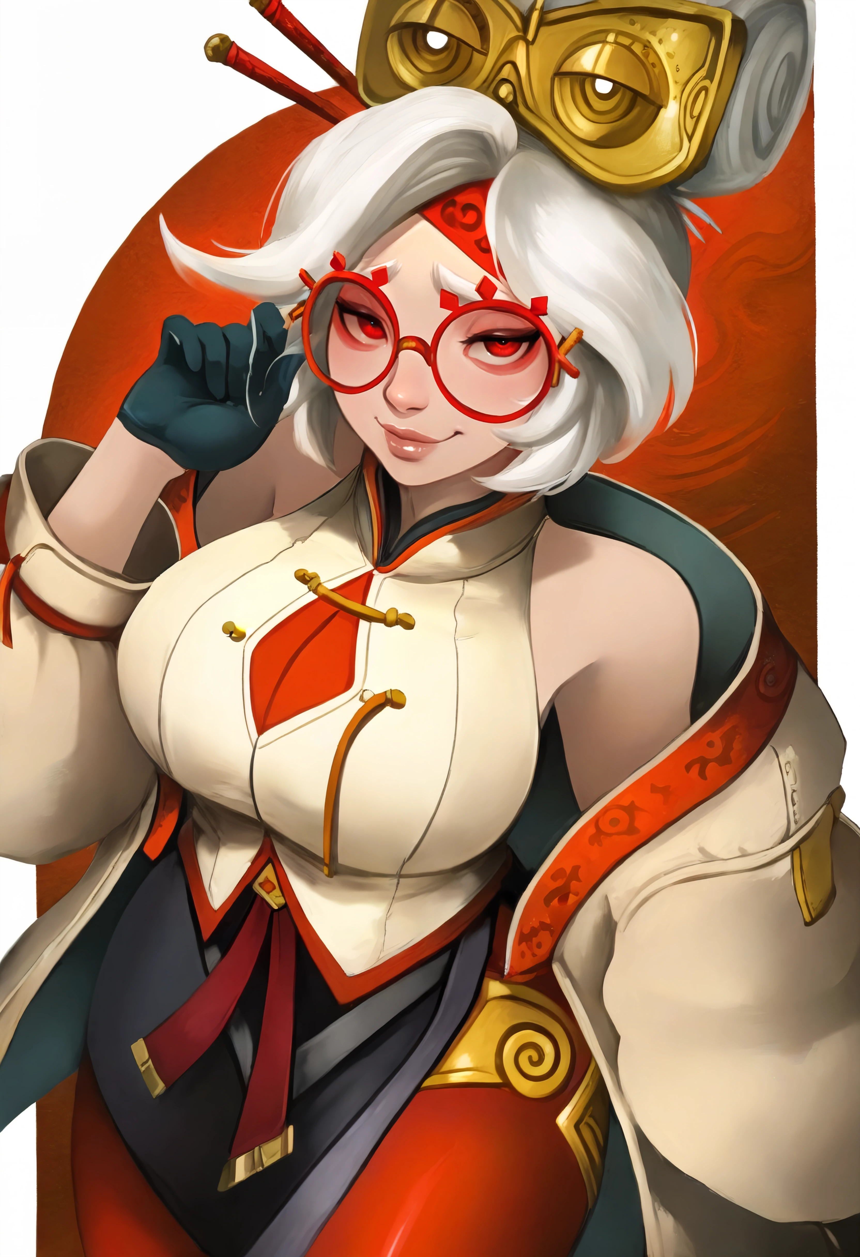 masterpiece, best quality, very aesthetic, abstract background,1girl, pur4h,white hair, red eyes, hair bun,hair ornament, red headband, red glasses, sleeveless shirt, beige shirt, beige jacket, red trim, open jacket, black skirt, red leggings, gloves,looking at viewer,lips,smug <lora:soffa_n11:1> <lora:purah-illu-nvwls-v1:0.8>