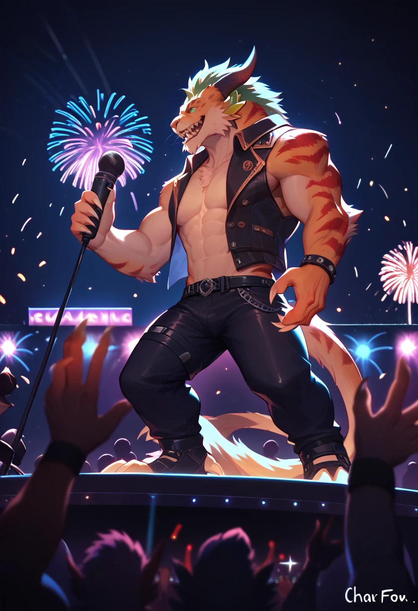 <lora:Charr:1>, score_9, score_8_up, score_7_up, charr,  spike band vest, black pants, male, shirtless, microphone, rockstar, concert, daytime, fireworks, standing on stage and sing,  charr fans, outside, mech background,