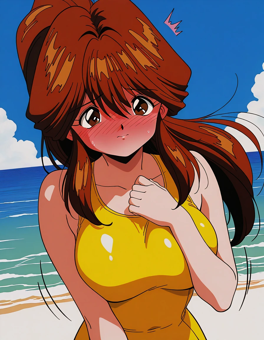 general,highres, ultra-detailed,very aesthetic,best quality ,best hands,  BREAK <lora:Kawai_Iyona_IS:1> KawaiIyona, solo, long hair, brown hair, brown eyes, bangs, red hair, large breasts, hair between eyes, 1990s \(style\),anime coloring,
Yellow school swim suit, ponytail, 1990s (style), sandy beach, sky, sunshine, full-face blush, embarrassed, motion lines, motion blur,
hand on own chestã