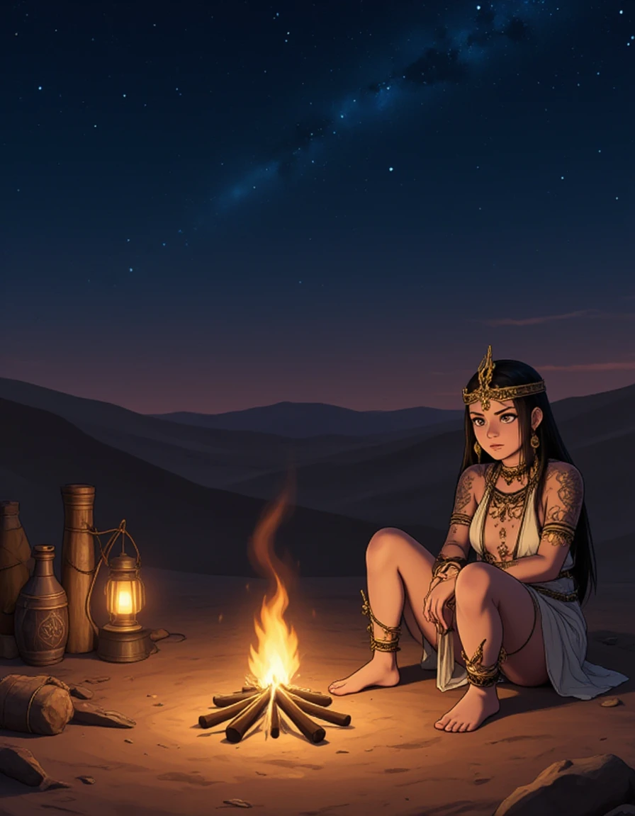 A mystical nomadic woman adorned with intricate jewelry and tattoos, sitting by a campfire in the desert at night, a star-filled sky above, with glowing lanterns and traditional artifacts surrounding her., anime