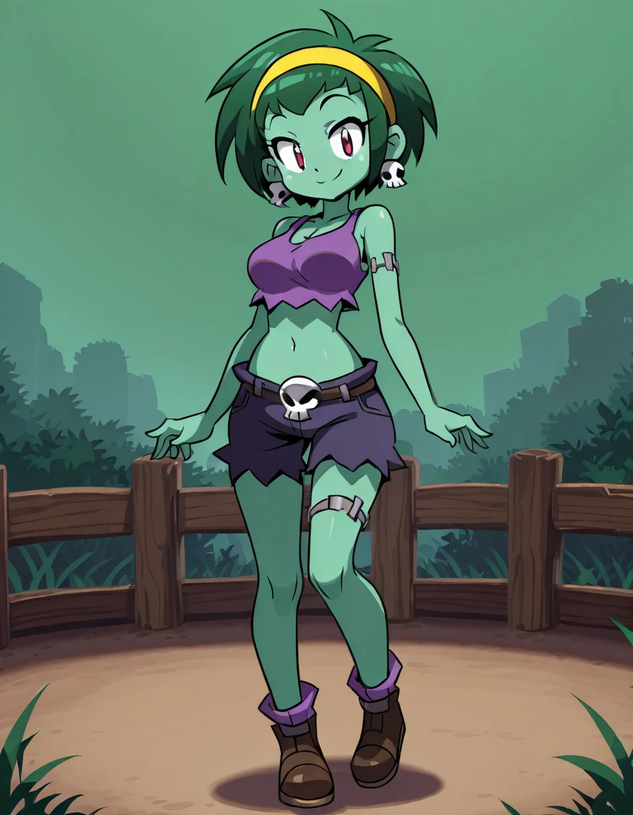 <lora:RottyTopsIllustrious1.0JLFO:1> rottytops, solo, yellow hairband, 1girl, green skin, green hair, short hair, skull earrings, zombie, purple tank top, midriff, shorts, stitches, smile, breasts, red eyes, looking at viewer,outdoors, simple background, full body