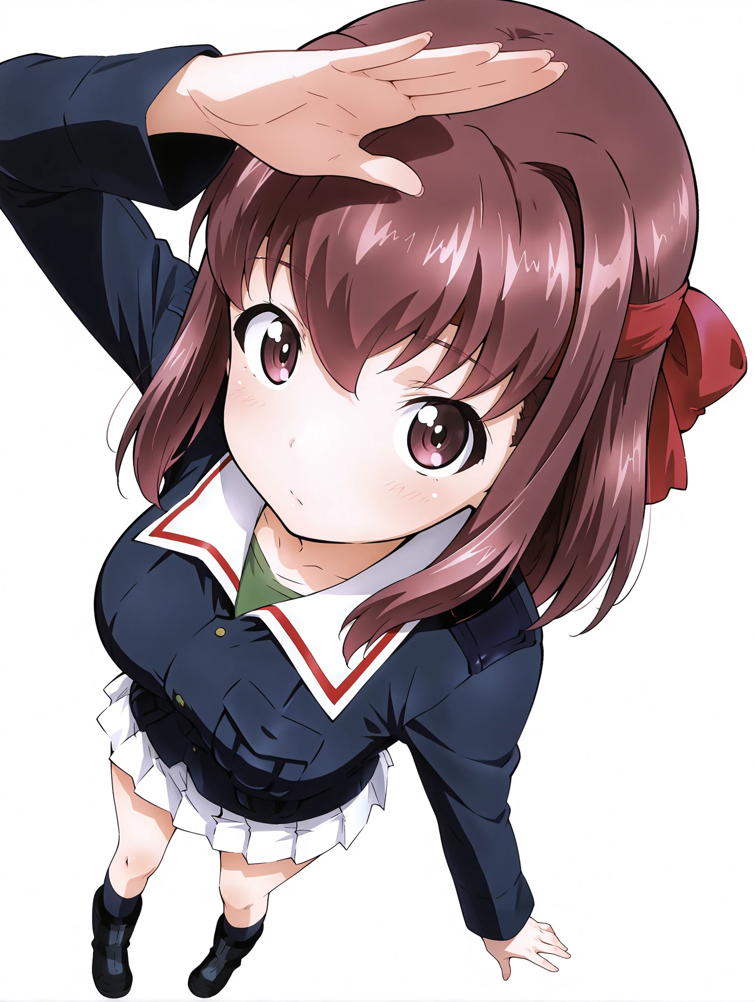 masterpiece,best quality,amazing quality,solo,1girl,
<lora:k_taeko_ilxl_v1.1:1>,taeko,p_gs,jacket,long sleeves,ooarai military uniform,white pleated skirt,black socks,boots,
<lora:Fixhands_anime_bdsqlsz_V1:1>,cinematic_angle,dynamic_angle,white_background,simple_background,looking_at_viewer,face_focus,salute,from_above,looking_up,looking_at_viewer,