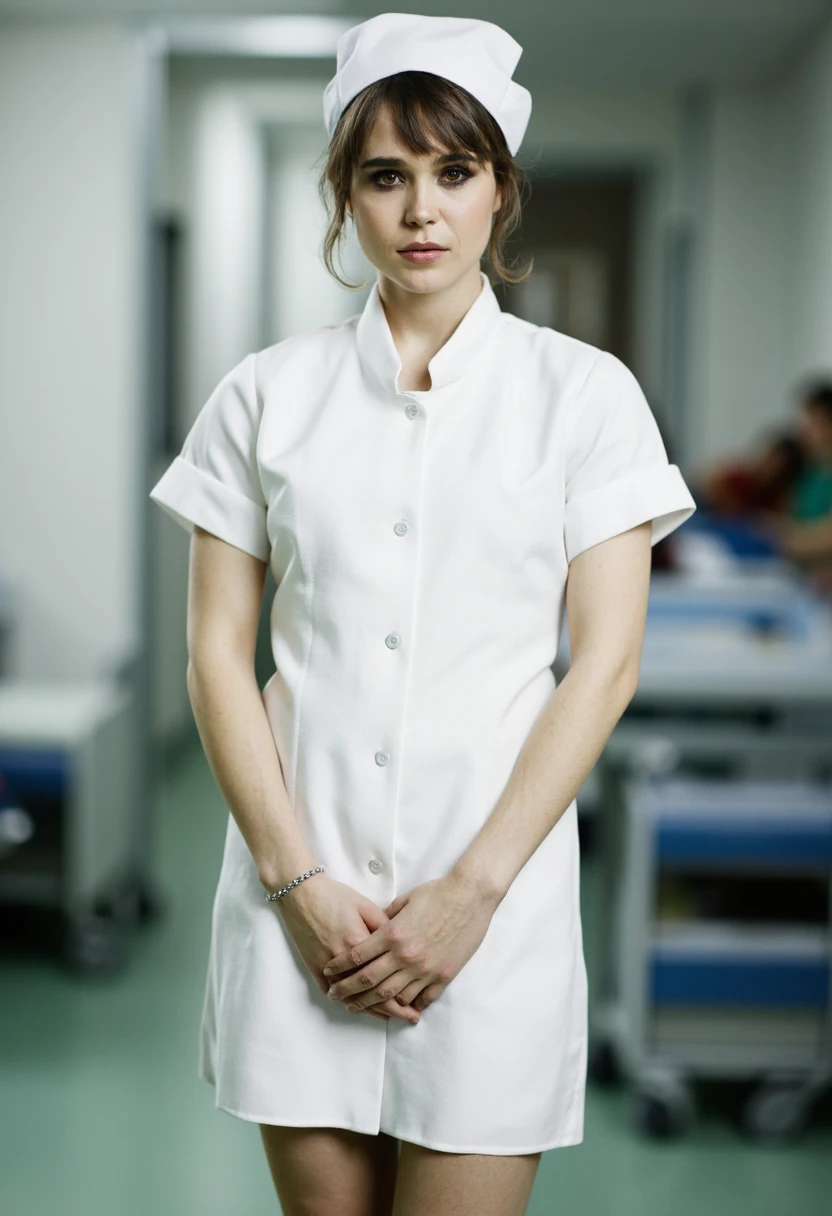 ellker dressed in a pristine white nurse uniform with a red cross emblem on the pocket, standing in a well-lit hospital corridor. The uniform is crisply ironed, and she wears a matching white cap with a red stripe. Her hair is neatly styled, and she has a professional and caring demeanor. The background shows typical hospital elements like medical equipment, a stretcher, and signage for different departments. The lighting is soft, focusing on her, highlighting her dedication and the calm atmosphere of the healthcare environment. <lora:ella-kernkamp:1>
