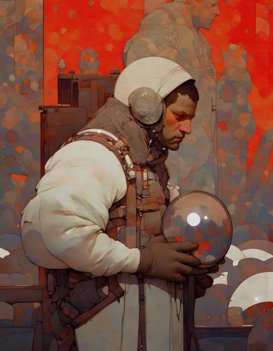 Steve McDonald Art. This image is a digital illustration with a stylized, modern art aesthetic. It depicts a lone astronaut, a man with a serious, contemplative expression, standing in a surreal, abstract environment. The astronaut is wearing a bulky, silver spacesuit with a reflective visor and large, round headphones, indicating he is in deep thought. His spacesuit is detailed with intricate straps and pockets, suggesting a high level of functionality and durability.
The background is a striking, abstract composition of geometric shapes in muted earth tones, primarily browns, oranges, and grays, creating a sense of depth and movement. The shapes resemble abstracted human forms, blending into a larger, almost cosmic backdrop. The overall color palette is warm and muted, with a dominant reddish-orange hue that contrasts with the cool, metallic tones of the astronaut's suit.
The astronaut is holding a large, spherical object that reflects the surrounding environment, adding a sense of depth and realism. His gloved hands are visible, emphasizing the texture of the suit and the smoothness of the helmet. The illustration's style is reminiscent of 20th-century modernist art, with a focus on abstract forms and geometric shapes, creating a blend of futuristic and abstract elements. <lora:Steve_McDonald:1.4000000000000001>