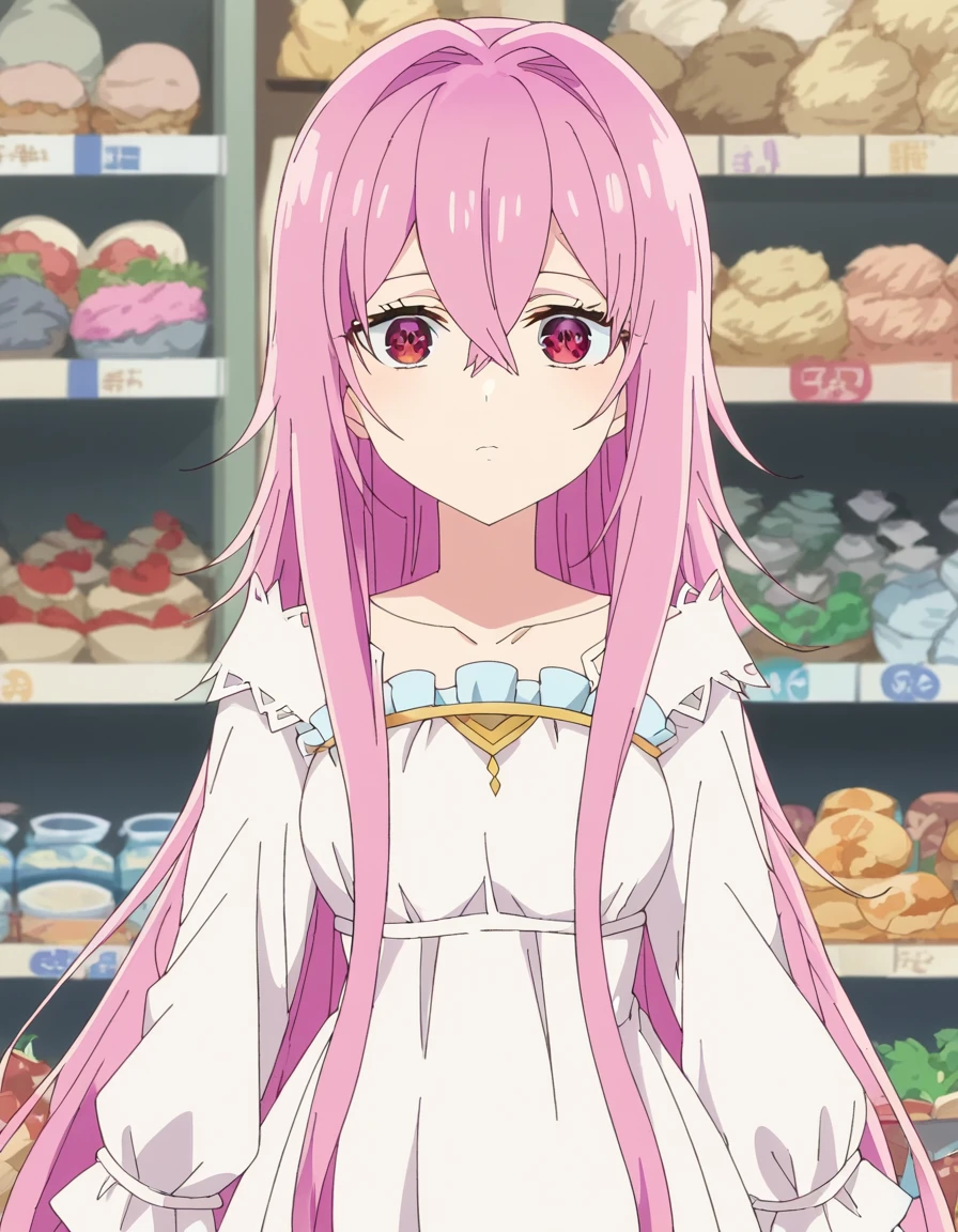 score_9, score_8_up, score_7_up, source_anime, <lora:seireigensouki-aishia-s2-ponyxl-lora-nochekaiser:1>, aishia, long hair, bangs, red eyes, hair between eyes, very long hair, pink hair, pink eyes, medium breasts, anime screencap,, dress, collarbone, white dress,, market stall, goods, people, shopping, vendor, , v, v over eyes,, looking at viewer, solo,, cowboy shot