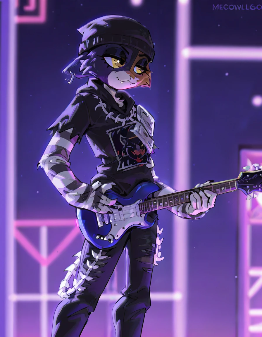 <lora:Meowskulls_Fornite:1>, meowskulls_fortnite, furry, hat, guitar