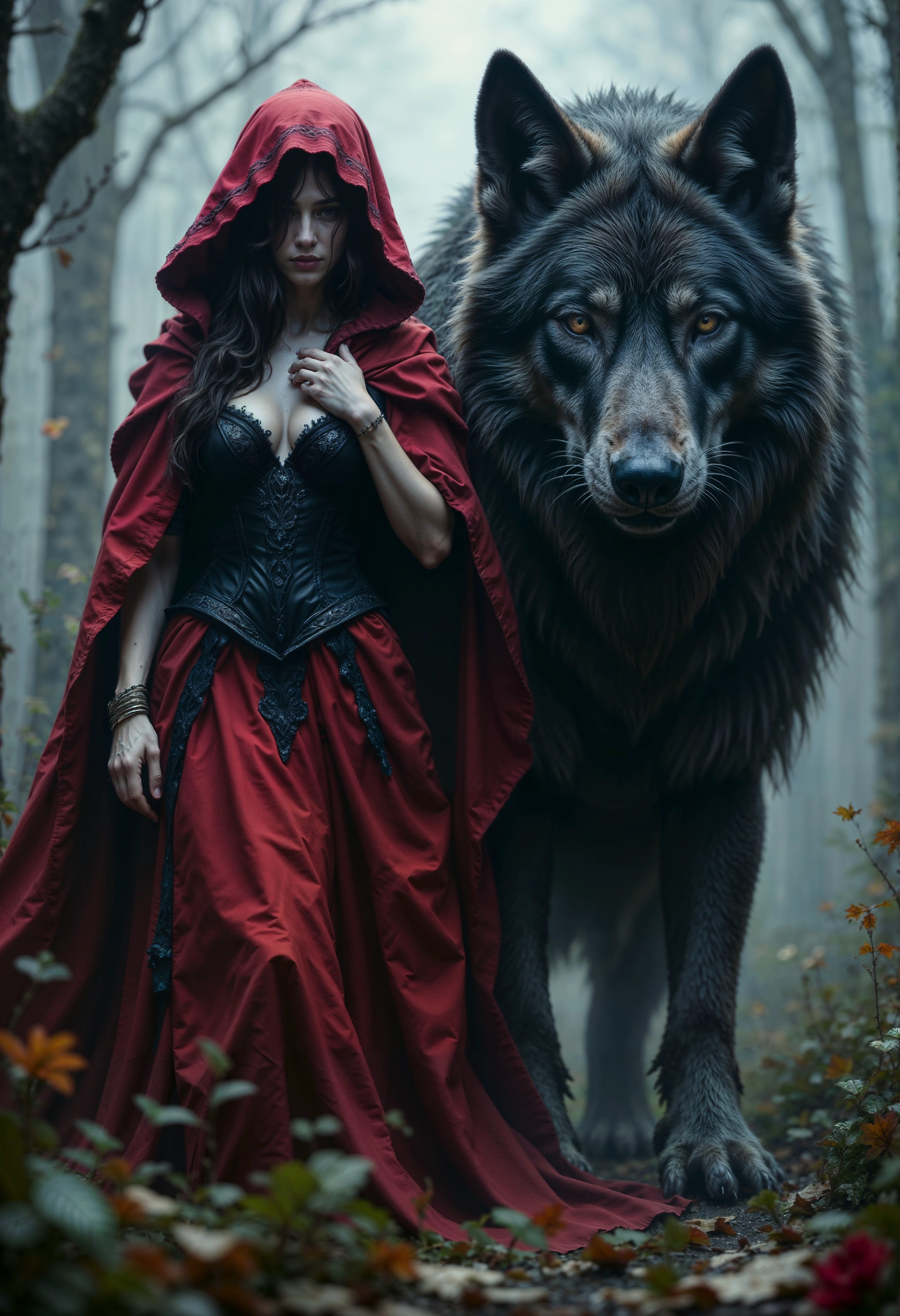 R3alisticF, Highly detailed and dramatic digital artwork featuring a young woman and a large wolf in a misty forest. The woman has pale skin and long dark hair, partially covered by a red hooded cloak. Her attire includes a corset and a flowing red skirt with black lace details. She stands confidently with one hand on her hip and the other touching her hood. The wolf beside her is enormous, with a thick, dark gray fur coat and striking red eyes, exuding a sense of power and mystique. The background is a foggy forest, adding an ethereal atmosphere to the scene. The image is detailed and vibrant, with a focus on the contrast between the red of the woman's cloak and the muted tones of the forest and wolf.  <lora:FluxMythR3alisticF:1>