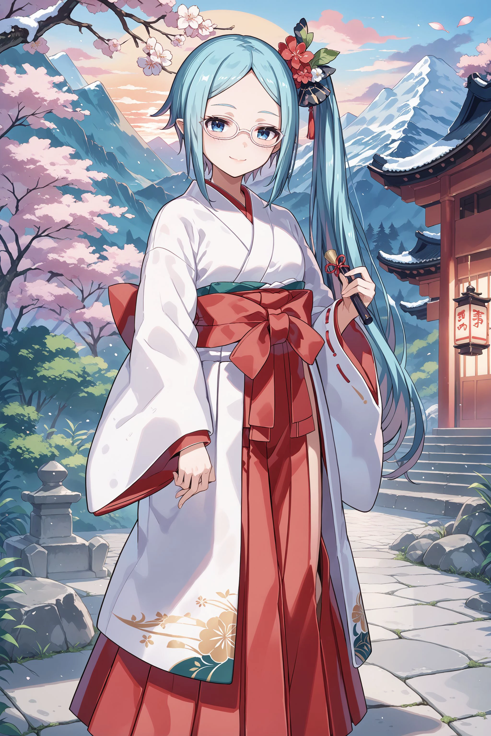 score_max, (score_9, score_8_up, score_7_up:1.2), score_6_up, official art,
masterpiece, absurdres, high detail, 8k,
japanese shrine, stone floor, mountain landscape, sunrise, happy new year, 2025,
standing, holding bloom, light smile, blush,
ririi, side ponytail, hair flower, white-framed eyewear, japanese_clothes, wide_sleeves, red_ribbon, ribbon_trim, red hakama, hakama skirt, ribbon-trimmed_sleeves, white_kimono, miko
<lora:XL_Pony_gomaotsu-lily-t1:1>