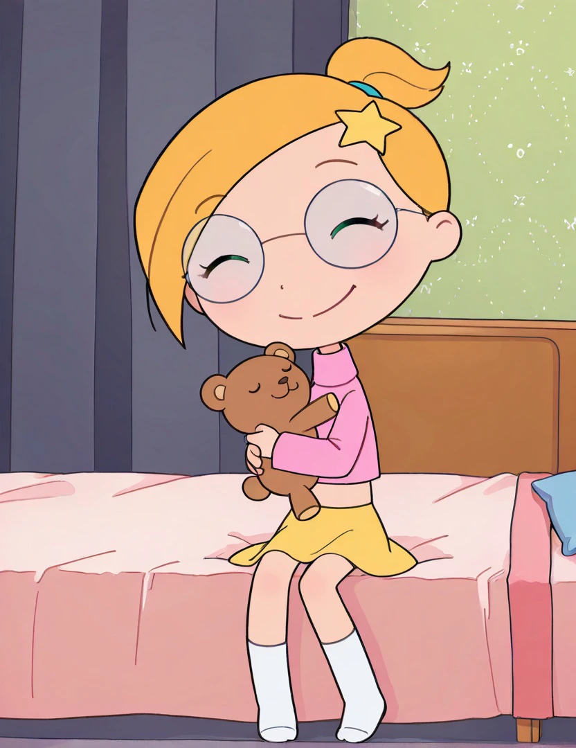 score_9, score_8_up, score_7_up, 
1girl, sabrina spellman, blonde hair, blue eyes, long hair, looking at viewer, smile, pink pajamas, lying, on back, on bed, bedroom, pink bedsheet,
