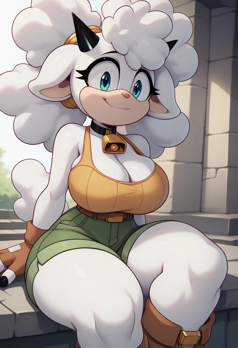 score_9, score_8_up, score_7_up, (best quality:1.1), ultra-detailed, high resolution, 8k, Lanolin the Sheep, 2D, white skin, white Afro hair, blue eyes, black horns, cowbell choker, black nails, orange tank top, brown belt, brown pants, brown boots, smile, sitting, cute, indoors, ((big breasts, voluptuous, thick thighs, skinny, curvy, busty, high quality, masterpiece, wide hips)), (((dutch angle, sexy tease, sexy pose, stylish pose))) BREAK outside, Rich, Detailed background, ambient light