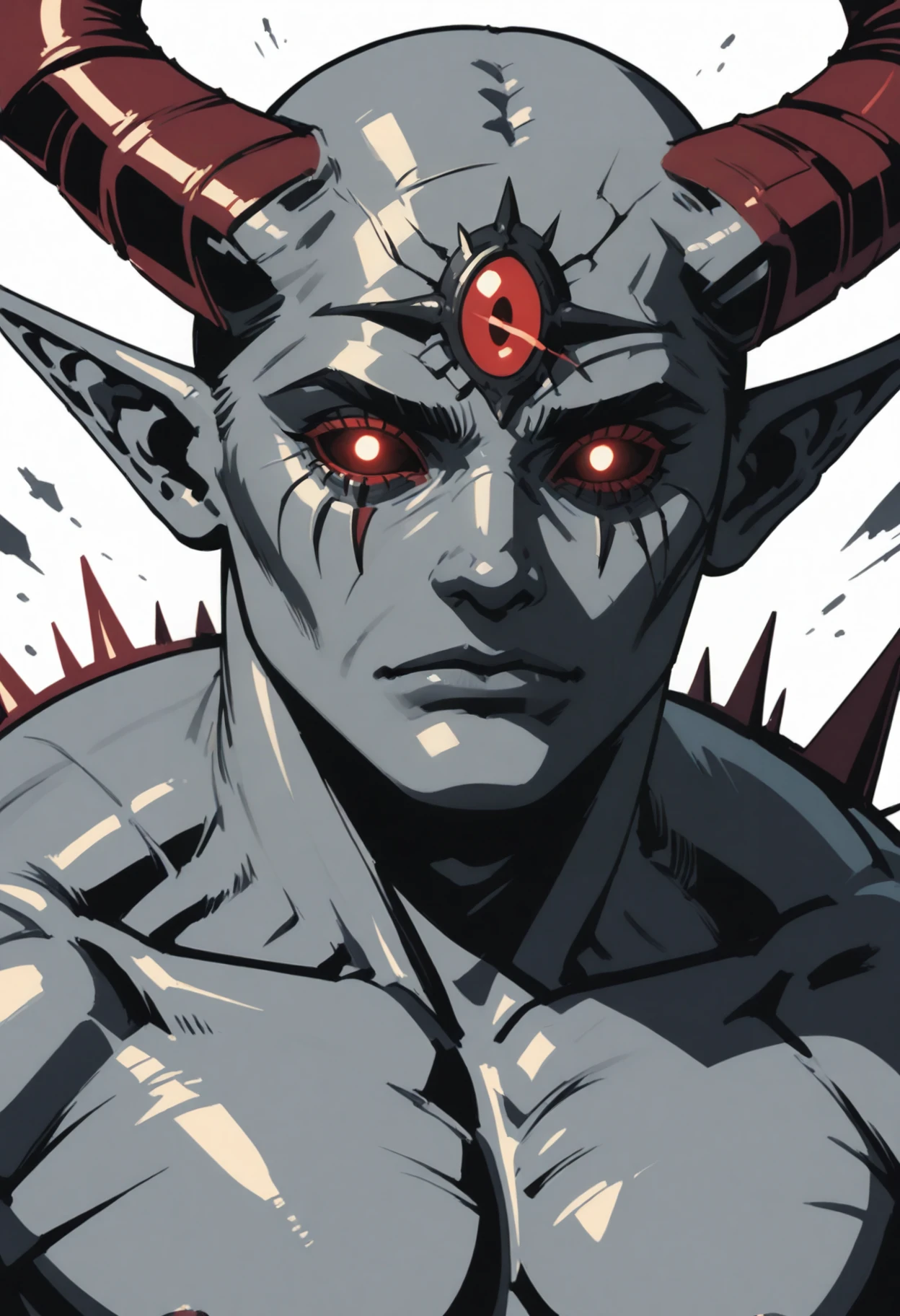 demon boy, 1boy, male focus, crack, red eyes, solo, pointy ears, horns, colored sclera, looking at viewer, demon horns, colored skin, black sclera, bald, third eye, black skin, collarbone, closed mouth, cracked skin, nipples, pectorals, extra eyes, upper body, demon, cracked wall, muscular, muscular male, glowing, veins, portrait, red sclera, spikes, glowing eyes, shoulder spikes, facial mark, forehead jewel, white background, grey ski 
 <lora:vmix2-i:1> vmix