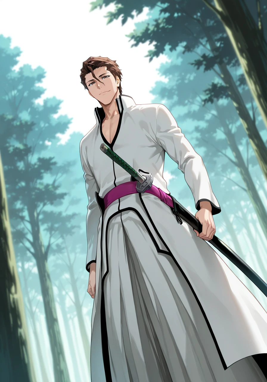 amazing quality,very aesthetic,illustration,absurdres,best quality,newest,masterpiece,4k resolution,
forest,
male focus,aizen_sousuke_arrancar,1boy,solo,brown hair,brown eyes,
arrancar clothes,
smile,katana,scabbard,green hilt,
cinematic_angle,looking_at_viewer,
<lora:Aizen_Sousuke_Illustrious:0.8>,