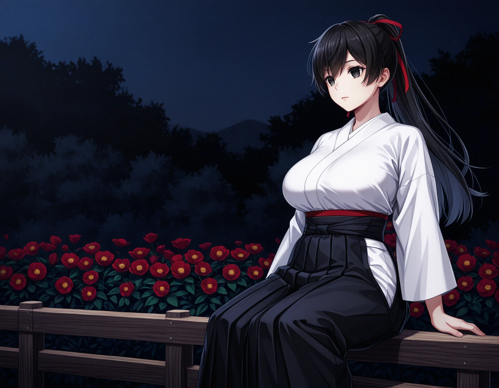 1girl, solo, ajiki tooko, black hair, long hair, high ponytail, hair ribbon, black eyes, big breasts, white kimono, kosode, hakama skirt, black hakama sitting on wooden fence, outdoors, bushes, red flower, camelia, night, dark theme <lora:ajiki_tooko_ilxl_v1:0.6>