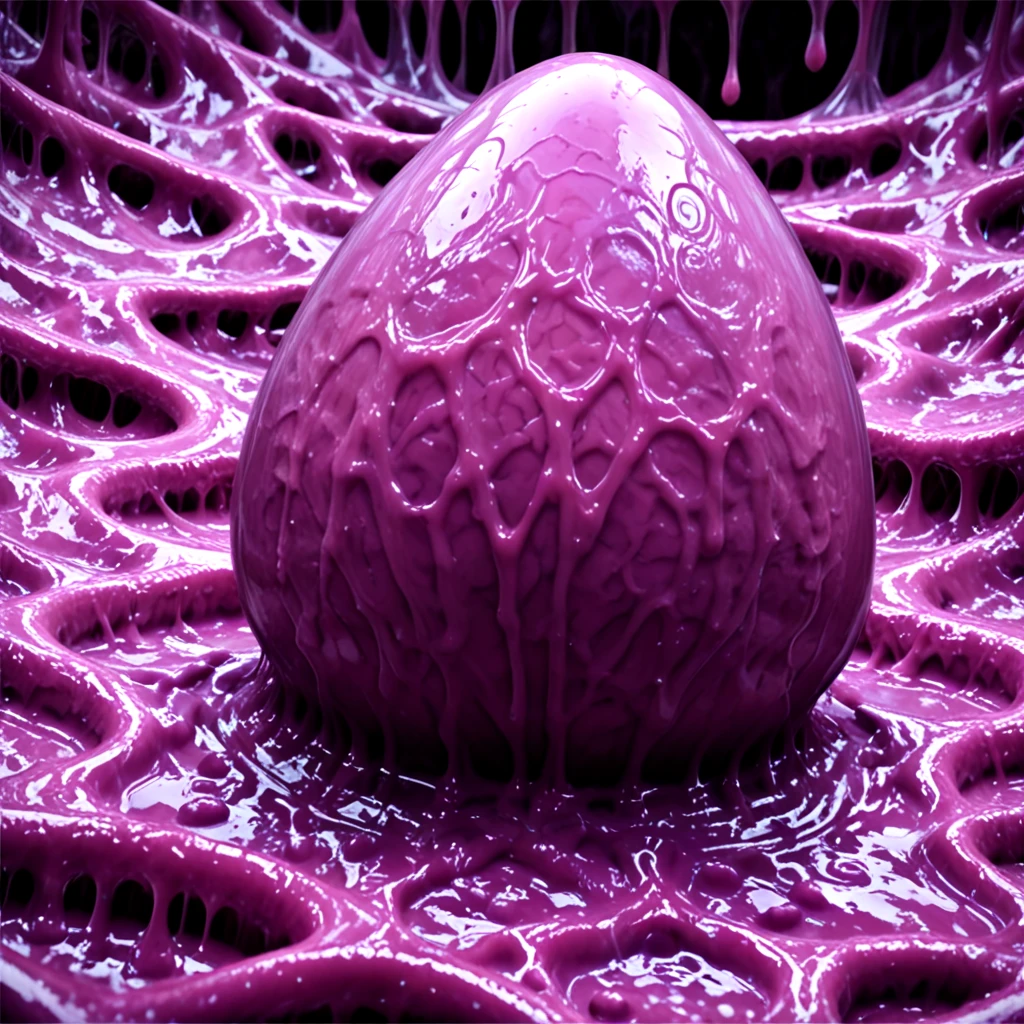 <lora:HNNM_IL_v4:0.5>, A hyper-realistic depiction of an alien egg covered in slime-like snot mucus, set in a dimly lit, eerie environment. The egg has a translucent, growing purple gelatinous surface with visible pulsating veiny veins inside