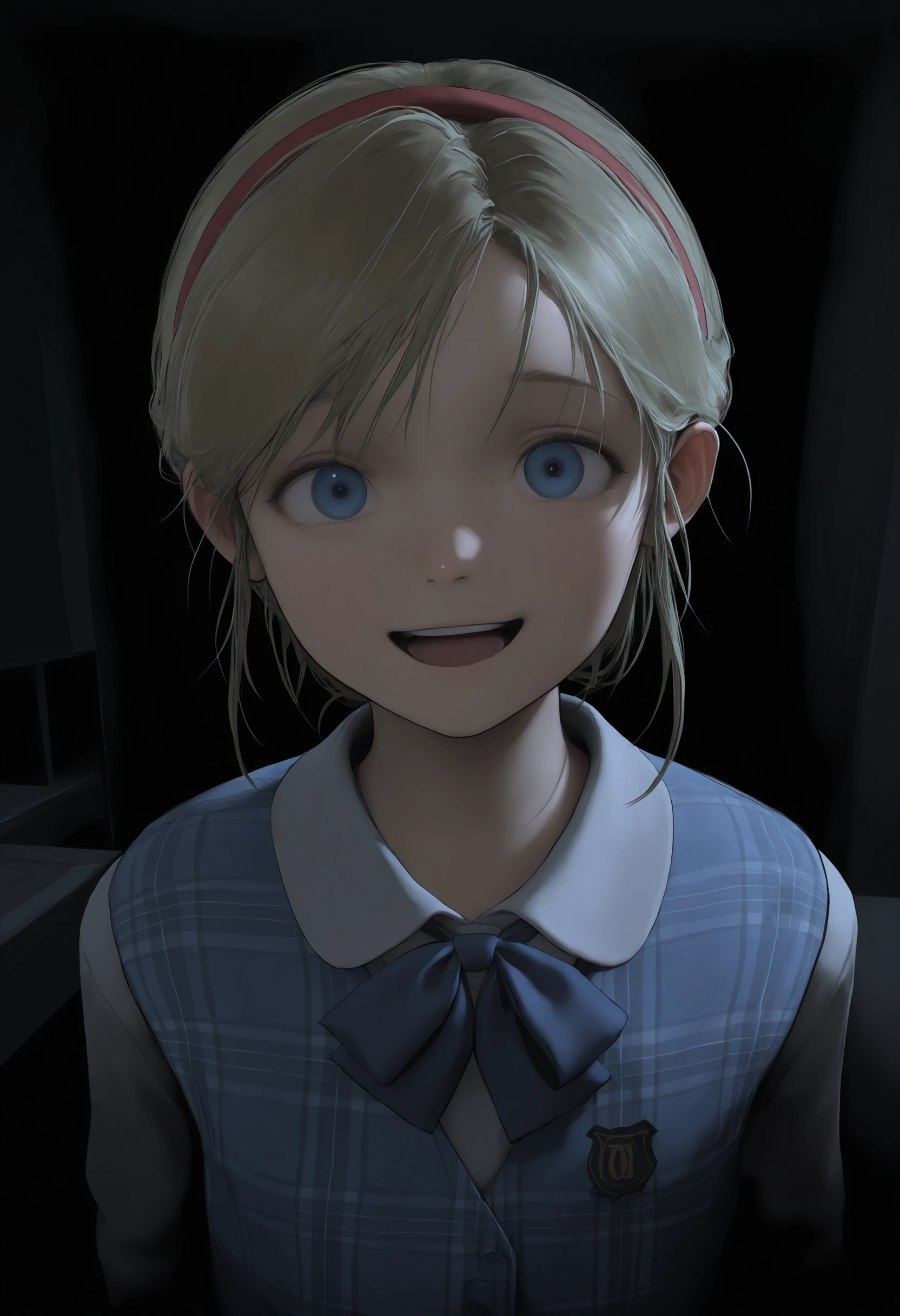 Girl in braids, (anxious look, sad, frightened face)), top quality, masterpiece, (realistic: 1.2), young woman, blonde hair, sailor suit, scared, frontal, detailed face, beautiful eyes, (smile: 1.1), winter moonlight