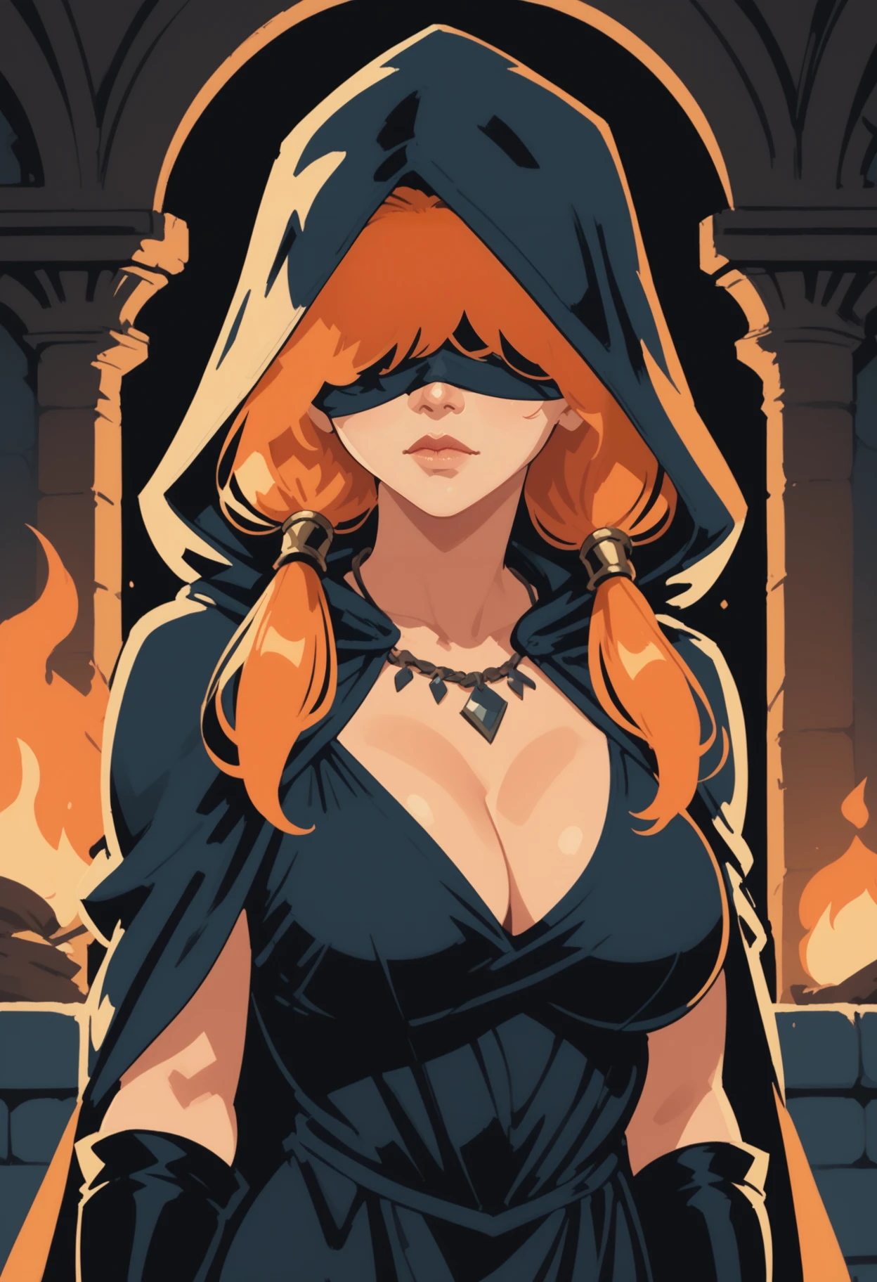 1girl, , staff, necklace, veil, hood, jewelry, cleavage, solo, gloves, holding staff, covered eyes, black gloves, holding, long hair, twintails, , dress, hood up, hooded cloak, closed mouth, upper body, black dress, facing viewer, cloak, see-through, low twintails, orange hair, cape, indoors, , brown hair, blonde hair, hair over shoulder, fire, black hoo  <lora:vmix2-p:1> vmix
