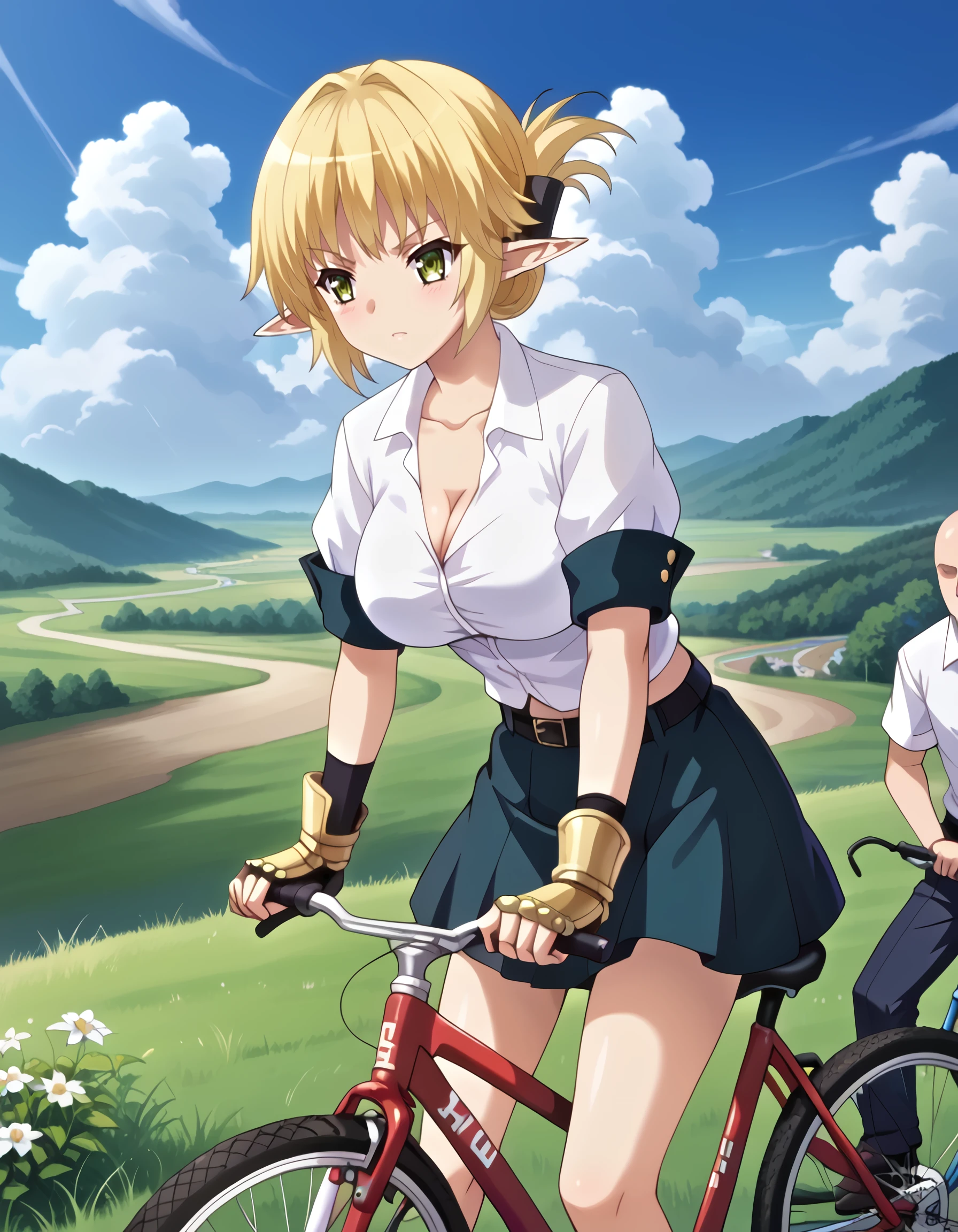 score_9, score_8_up, score_7_up,source_anime, <lora:enjo_kouhai_-_ thea_eaderlindt,_aegis:1>, rating:safe, , enjo_kouhai_-_thea_eaderlindt,_aegis, short_hair, blonde_hair,  folded_ponytail, green_eyes, pointy_ears, elf, large_breasts, white_shirt, collared_shirt, cleavage,short_sleeves, belt, midriff, sword, black_skirt, armor, gauntlets, (tsuruse:0.8, nori_tamago:0.8), (kouno_\(masao\):1.3), (1980s_\(style\)), 1boy, bicycle, blue_sky, cloud, day, fantasy, field, flying, grass, hill, monster, outdoors, riding, riding_bicycle, river, scenery, sky, wide_shot, (faceless_male, bald),  masterpiece, detailed, best_quality