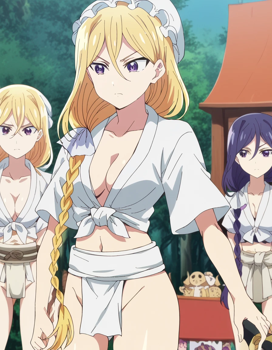 score_9, score_8_up, score_7_up, source_anime, <lora:aria-gavaness-s2-ponyxl-lora-nochekaiser:1>, aria gavaness, long hair, blonde hair, hair between eyes, purple eyes, braid, hair over shoulder, medium breasts, anime screencap,, <lora:mizu-happi-ponyxl-lora-nochekaiser:1>, mizu happi, fundoshi, japanese clothes, happi, tied shirt, headband, sarashi, cleavage, collarbone, navel,, festival, summer festival,, , cowboy shot