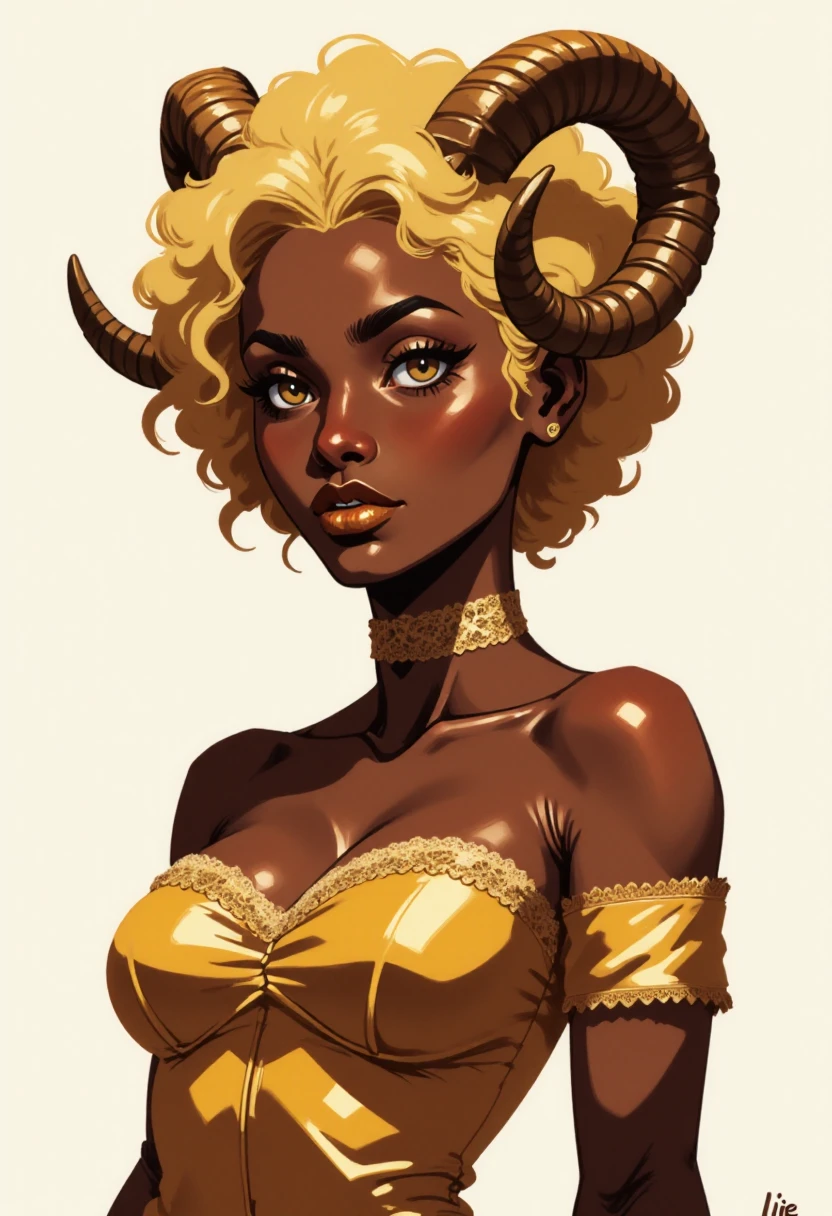 a dark-skinned woman with blonde hair and an afro  adorned with  ram's horns. She wears a gold off-shoulder dress with lace trim and lace choker. upper body from the side, gold lipstick, a  lineless digital illustration in the vmix style <lora:vmix2-f:2.2> vmix