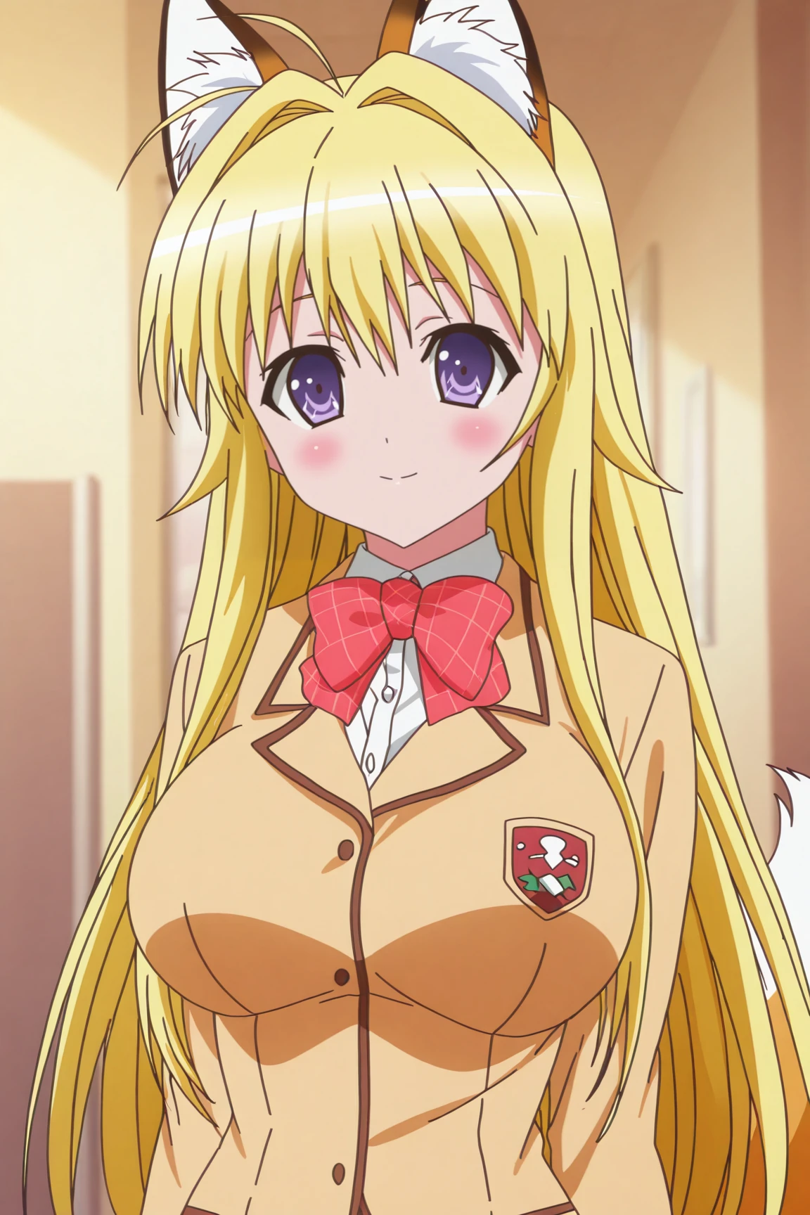 masterpiece, best quality, absurdres, highres, source anime, very aesthetic, BREAK, anime coloring, anime screencap,
<lora:minamoto_chizuru_v1-illustrious:1>,1girl, minamoto chizuru, kanokon, purple eyes, fox ears, fox tail, blonde hair, long hair, large breasts,
school uniform, long sleeves, bow,
BREAK, looking at viewer, light smile, blush, upper body, portrait,
BREAK,