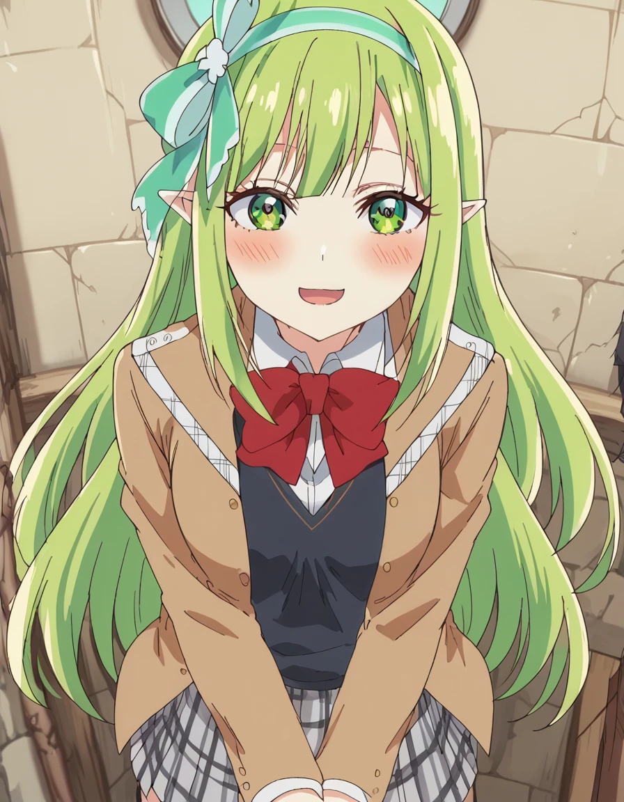 score_9, score_8_up, score_7_up, source_anime, <lora:orphia-s2-ponyxl-lora-nochekaiser:1>, orphia, long hair, bangs, very long hair, green eyes, hairband, green hair, pointy ears, elf, green hairband, mature female, small breasts, anime screencap,, skirt, shirt, thighhighs, long sleeves, bow, school uniform, jacket, white shirt, pleated skirt, collared shirt, black thighhighs, bowtie, red bow, zettai ryouiki, plaid, plaid skirt, red bowtie, grey skirt,, control tower, high, air traffic, windows, staff, smile, <lora:breast-press-pov-ponyxl-lora-nochekaiser:1>, breast press pov, breast press, pov, from above, clenched hands, blush, looking up, open mouth, embarrassed, cowboy shot, looking at viewer, solo,, cowboy shot